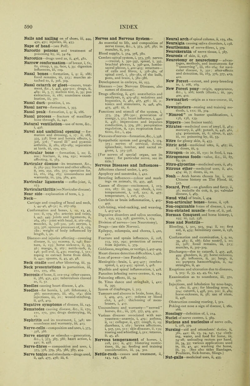 Nails and nailing on of shoes, iii, 444, 450, 451; injuries, iii, 453. Nape of head—(see Poll). Narcotic poisons and treatment of poisoning by, iii, 54-64. Narcotics—drugs used as, ii, 476, 481. Narrow conformation—of breast, i, 61, 62, croup, i, 59, face, i, 39: digestion influences, iii, 119. Nasal bones — formation, i, 9; ii, 186; fossil remains, iii, 513 ; muscles at- tached to, ii, 308, 309. Nasal catarrh or gleet—causes, treat- ment, &c., i, 498, 499-501; drugs, ii, 489; iii, 5, 7; mallein test, ii, 39; pus extraction, ii, 186; soundness exam- ination, iii, 371. Nasal duct—position, i, 10. Nasal nerve—formation, i, 393. Nasal peak—formation, i, 9; ii, 186. Nasal process — fracture of maxillary bone through, ii, 242. Natural ventilation—use of term, &c., i, 496. Navel and umbilical opening — for- mation and dressing, i, 17 ; ii, 288, 335, 338; liver and hernia effects, i, 306, 316; “navel ill” and pyaemic arthritis, ii, 280, 287-289; separation at birth, iii, 270, 271. Navicular bone — formation, i, 22; ii, 200; fracture, ii, 224, 252; wounds affecting, ii, 385. Navicular disease—its treatment, &c., ii, 389-393; fracture and other effects, ii, 200, 252, 280, 373; operation for, iii, 161, 164, 165; unsoundness and warranty, iii, 379, 382, 422. Navicular ligaments — coffin-joint, ii, 273- Navicularthritis (seeNavicular disease). Near side —explanation of term, i, 3. Neck- Carriage and coupling of head and neck, i, 44-46, 48-51; ii, 267-269. Conformation and bones, i, 12, 13, 47, 102; ii, 179, 181; arteries and veins, i, 447, 449; joints and ligaments, ii, 264, 265 —joint with head, ii, 267-269; muscles, ii, 318-322, 326; nerves, i, 375» 376; spinous processes of, ii, 179, 180; weight of body influenced by length, i, 91. Diseases and injuries affecting—covering disease, ii, 53; eczema, ii, 148: frac- ture, ii, 235; horse sickness, ii, 55, 56; mange, ii, 167 ; nettle-rash, ii, 146; poll evil, ii, 430; roaring, i, 511; roping to extract horse from ditch, ii, 440; spasms, ii, 45, 47, 48. Neck cradle used after blistering, iii, 39. Neck presentations in parturition, iii, 272, 279, 280. Necrosis of bone, ii, 212-214: other causes, ii, 386, 431, 432; tuberculosis classed as, ii, 51. Needles causing heart disease, i, 461. Needles—for hernia, i, 318; lithotomy, i, 366; neurotomy, iii, 163, 164; skin injections, iii, 21; wound-stitching, 11, 418, 419. Negative symptoms of disease, iii, 145. Nematodes causing disease, &c., ii, 170, 171, 172, 370; drugs destroying, iii, 12. Nephritis and its treatment, i, 348; un- soundness and warranty, iii, 423. Nerve-cells—composition and uses, i, 375, ' 378, 386. Nerve energy or stimulus — generation, &c., i, 373, 387, 388; heart action, i, 441; ii, 458. Nerve-fibres — composition and uses, i, 375, 378, 379, 385. 386, 387, 494. Nerve tonics and stimulants—drugs used, ii, 448, 477, 478; iii, 6. Nerves and Nervous System— As essential to life, and composition of nerve tissue, &c., i, 373, 378, 387; in muscles, ii, 305. Blood supply, i, 374, 378, 380. Cerebro-spinal system, i, 373, 378; nerves —cranial, i, 391-397, spinal, i, 397, brachial plexus, i, 398-402, lumbo- sacral plexus, i, 402-405; structure— of cells and fibres, i, 378-380, of spinal cord, i, 380-382, of the bulb, pons, and brain, i, 382-386. Development in embryo, iii, 255. Diseases — (see Nervous Diseases, also names of diseases). Drugs affecting, ii, 476; anaesthetics and anodynes, ii, 479-483; sedatives and hypnotics, ii, 461, 467, 476; iii, 2; tonics and stimulants, ii, 448, 460, 477, 478; iii, 6. Functions and stimuli of the system, i, 373, 374, 386-390; generation of energy', i, 373; heart influence, i, 440; ii, 458; impressions and impulses conduction, i, 379, 386; perspiration regulation, ii, 130; respiration func- tions, &c., i, 494. Plexuses of nerves—formation, &c., i, 398. Sympathetic system and ganglia, i, 374, 375 ; nerves of cervical, dorsal, splanchnic, lumbar, and sacral re- gions, i, 375-378. [For nerves of special organ, see its name; for particular nerve, see its title.] Nervous Diseases and Influences— Affections classed under, i, 405. Apoplexy and sunstroke, i, 412. Breeding influences—colour and mark- ings on animals, iii, 497, 498. Causes of disease—excitement, i, 215, 222, 287; iii, 54, 149; shock, i, 220; temperament, i, 218, 511; ii, 477; temperature, i, 216, 217. Cerebritis or brain inflammation, i, 405- 4°7- Crib-biting, wind-sucking, and weaving, i, 413-415- Digestive disorders and saliva secretion, i, 232, 233, 258; gastritis, i, 274. Division of nerves—(see Neurotomy), Drugs—(see title Nerves). Epilepsy, eclampsia, and chorea, i, 410, 411- Fracture and sprain influences, ii, 228, 233, 252, 292; protection of nerves from injuries, i, 379. Giddiness, megrims, or vertigo, i, 407-409. Heart disease detection difficulties, i, 456. Loss of power—(see Paralysis). Meningitis—brain, i, 405-407 ; cerebro- spinal, i, 423-425; spinal, i, 418. Myelitis and spinal inflammation, i, 418. Parasites infesting nerve-centres, ii, 174. Poisoning effects, iii, 54. St. Vitus dance and stringhalt, i, 411; ii, 395- Spasm of diaphragm, i, 313. Tumours and abscess in brain, bone, &c., i, 409, 415, 417; oedema or blood clot, i, 416; thickening of mem- branes, i, 417. Unsoundness and warranty—“nerved” horses, &c., iii, 376, 377, 419, 422. Various diseases associated with ner- vousness—anaemia, i, 479 ; asthma, ii, 11; collapse, ii, 477: cough, ii, 19; diarrhoea, i, 287 ; larynx affections, i, 507, 510, 511; skin diseases, ii. 139; roaring and whistling, i, 511; tetanus, ii, 45, 48. Nervous temperament of horses, i, 218, 511; ii, 477: blistering restric- tions, iii, 39; feeding and training considerations, iii, 94, 302. Nettle-rash—causes and treatment, ii, M3. x45» 146- Neural arch of spinal column, ii, 179, 180. Neuralgia causing saliva disorders, i, 258. Neurilemma of nerve-fibres, i, 379. Neurokeratin of nerve tissue, i, 387. Neurosis of skin, ii, 156. Neurotomy or neurectomy—advan- tages, methods, and instruments for “unnerving”, iii, 161-164; for navi- cular disease, ii, 392; after-effects and detection, iii, 165, 376, 377, 419, 422. New Forest—extent, and pony-breeding in, i, 166, 169. New Forest pony—origin, appearance, &c., i, 166; teeth (illusts.), iii, 390, 400, 402. Newmarket—origin as a race-course, iii, 546. Newminsters—rearing and training me- thods, i, 112; iii, 304. “Nimrod” on hunter qualifications, i, 136, 138, 139- Nippers— see Incisor teeth). Nitrates—medicinal uses of amyl, ii, 463; mercury, ii, 488; potash, ii, 448, 462, 474; potassium, iii, 6: silver, ii, 457; iii, 10; poisoning by, iii, 53. Nitre for glossy skin, ii, 453. Nitric acid—medicinal uSes, ii, 467; iii, 6; doses, iii, 9. Nitrogen—in air, iii, 132; in food, i, 244. Nitrogenous foods—value, &c., iii, 87, 89, 92. Nitro-glycerine—medicinal uses, ii, 463. Nitrous ether—medicinal uses, ii, 462, 474; iii, 7; doses, iii, 10. Noah — Arab horses chosen by, i, 201; Chinese history on The Flood, iii, 5i7- NOCard, Prof.—on glanders and farcy, ii, 36; maladie du coit, ii, 52; valvular disease, i, 465. Noeud vital of brain, i, 494. Non-articular bones-forms, ii, 178. Non-cognizable forms of disease, i, 219. Non-striated muscle—form of, ii, 306. Norman Conquest and horse history, i, x95: b 537. 538. Nose and Nostrils— Bleeding, i, 501, 503, 504; ii, 10: first aid, ii, 439; hereditary cause, ii, 158, 159- Con formation and examination, i, 9, 10, 39, 483; ii, 186; false nostril, i, 10; iii, 508; fossil remains, iii, 513; muscles, ii, 307-309. Discharges—due to catarrh, i, 497, 498, 499: glanders, ii, 36; horse-sickness, ii, 56; influenza, ii, 32; lungs, ii, 10; purpura hemorrhagica, ii, 24; strangles, ii, 40. Eruptions and ulceration due to diseases, b 503; ii, 35. 43, 49, 62, 141. Examination as to soundness, iii, 370, 37 x- Injections, and inhalation by nose-bags, i, 260; ii, 471: for bleeding nose, i, 504: catarrh, i, 498, 500, 501; ii, 489; horse-sickness, ii, 58; use of alum, ii, 456. Obstruction causing roaring, i, 511. Poking-out nose a sign of disease, i, 260, 266. Nosology—definition of, i, 214. Nuclei of nerve centres, i, 389. Nucleus and nucleolus of nerve cells, b 378, 379- Nursing—aid and attendants’ duties, ii, 381, 442; iii, 23, 24, 14T, 154: cloth- ing, water, and food for horse, iii, 24-28; unloading rectum per hand, iii, 34, 35; various applications used in, iii, 4T, 42: washing the horse, tit. 35- (See also titles Bandages, Poultices, Sick-horses, Slings.) Nut-galls—medicinal uses, ii, 455.