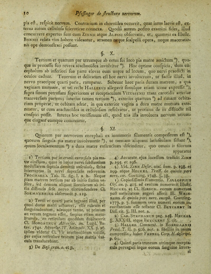 pia eA, refpick nervum. Contrarium in choroidea occurrit, quae intus laevis eA, ex- terna autem celluiola fcieroticae connexa. QuodA autem >ioAro examini fides^ illud concurrere expertus fum cum Zinnii atque Albini obfervatis, et, quamvis ea IlluAr, Bonnii relata vim habere videantur, attamen neque fcalpelli opera, neque maceratio- nis ope demon Arar i poliunt. §■ x. Tertium et quartum par utrumque ab ortus Iui loco pia matre amidum *), quo- que in proceflu luo revera arachnoidea involvitur 2). Hoc optime confpicis, dum en- cephalum ab inferiori fua parte elevas eum usque ad locum, quo nervi praedidi in oculos cadunt. Tenerum et delicatum eA hoc nervi involucrum, ut facile illud, in nervo praecipue quarti paris, rumpatur. Subeunt haec paria duram matrem, a qua vaginam mutuant, et uti rede Hallerus allegavit fimulque etiam icone exprelTit fupra Anum petrofum fuperiorem et receptaculum Vieussenii trans carotidis arteriae transverfam partem; interius tamen tertium 4), exterius quartum 5) ad rimam orbita- fiam properat, ut Orbitam adeat, in qua exterior vagina a dura matre mutuata exte- nuatur, ut cum arachnoidea in cellulofam refolvatur, ut protinus de iis diAinde ilii confpici poflit. Interea hoc verilfimum eA, quod tria iAa involucra nervum utrum- que cingant eumque comitentur, $ » Quintum par nervorum encephali ex innumeris Alamentfs compoAtum eA ’), quorum Angula pia matre involvuntur2'), ut taeniam aliquam latiufculam AAant quum loculamentum 4) a dura matre exArudum difcinditur, quo omnis is Alorum apparatus 0 Tertium par in.cranii cavo lola pia ma- tre cinftpm, quae in hujus nervi fubftantiam medullarem feptula demittit vafculofa, {trias interruptas in nervi fuperllcie referentia. Pbochaska Tab. II. fig. T. a. b. Neque piam matrem tertium par ab initio flatim ve- llire, led demum aliquot lineolarum ab ini- tio di flantia fefe nervo circumfundere Cl. SoemaIerring obfervavit p. ug. 2) Tertii et quarti paris tegmen illud, per quod durae matri adhaeret, efle rubrum et fanguinolentum, adeoque tenue, ut primum an verum tegmen edet, faepius etiam mem- branula, an reticulum quoddam dubitaverit Cl. Morgagnus Adverfar. an. Lugd.' Ba- tav. 174». Adverfaf-lV. Animndv. XX. p. 36. ipfam videtur Cl. Vir aracbnoVdeam vidifle, per cujiis reticulare textum piae matris vas- cula translucebant. 3) De Bafi cran. o.etpt 4) Accurate ejus iuceffum tradidit Zinn p. 195. et 196. 5) Vid. Zinn Defer, ocul. kum. p. 198. et 199. atque Meckel Traft. de quinto pari tierv. cer. Goetting. 1748. 38- 1) Copiofidimis filamentis. Falloppius Gbf. an. p. 403. ad centum numeravit llluftr. Meckel et Cl. Hirsch. eorum numerum poft nativitatem augeri aderit AI. Wris- berg dc quinto pari nerv. enceph. Goetting. 1777- p. 7. fummam vero numeri eorum in- conftantiam ede teftatur Cl. Beyckert in Diff. cip §. III. not. a. 2) Car. Stkphanus pag. 248. Meckel XXXIII. atque Beyckert §. cit. , , 3) Haller Comment. in Boerhaavii Praei. T. II. p. 506. not. a. fibrillis in unum comprellis, habet Fernel Corp. H. defeript. F* 1;» . 4) Quinti paris truncum utrimque recepta- cula pervagari inque eorum fanguine irrora- ri
