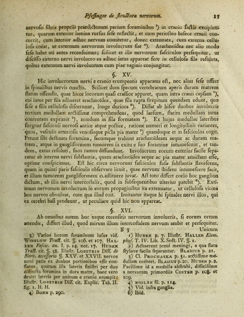 nervofis fibris propriis praedirorum parium foraminibus 3) in cranio factis1 excipiun- tur, quarum exterior lamina rurius fefe refletftit, et cum periofieo bafeos cranii con- currit, cum interior adhuc nervum comitetur, donec extenuata, cum externa cellu- lofa coeat, ut externum nervorum involucrum fiat 4)'.- Arachnoidea nec alio modo fefe habet uti antea recenfuimus; fcilicet et illa nervorum fafciculos perfequitur, ut dilciifo externo nervi involucro ea adhuc intus appareat fere in cetlulofa fila refoluta, quibus externum nervi involucrum cum piae vaginis conjungitur. §. XV. Hic involucrorum nervi e cranio erumpentis apparatus efi, nec alius fefe offert in fpinalibus nervis eundis. Scilicet dum fpecum vertebrarum aperis duram matrem flatim offendis, quae hicce locorum quafi craflior apparet, quam intra cranii capfam *), cui intus per fila adhaeret arachnoidea, quae fila rupta flrepitum quendam edunt, quo fele a filis cellulofis difeernunt, longe duriora2). Diflat ab hifce duobus involucris tertium medullam ardiffime comprehendens, quod laefum, flatim medullam intus contentam exprimit 3), nondum in fila formatam 4). Ex hujus medullae lateribus furgunt fafciculi nervofi antice atque poflice, ratione numeri et longitudinis variantes, quos, vafculis arteriofis venofisque pida pia mater 5) quandoque et in fafciculos cogit. Petunt fibi defiinata foramina, fecumque trahunt arachnoideam aeque ac duram ma- trem, atque in gangliformem tumorem in exitu e fuo foramine intumefeunt , et tan- dem, extus refoluti, fuos ramos diffundunt.- Involucrum eorum exterius facile fepa- ratur ab interna nervi lubflantia, quam arachnoidea aeque ac pia matre’ amidani effe, optime conlpicimus. Efl hic circa nervorum fafciculos fufa fubflantia flavefeens, quam in quinti paris fafciculis obfervare licuit, quae nervunV ibidem intumefeere facit, et illum tumorem gangliformem ccnftituere juvat.- Afl toto differt coelo hoc ganglion didum, ab illis nervi intercofialis, quod in fubfequentibus ulterius patebit 6). Exti- mum nervorum involucrum in eorum propaginibus ita extenuatur, ut cellulofa vicina hos nervos obvolvat, cum qua illud coit. Imitantur itaque hi fpinales nervi illos, qui ex cerebri bafi prodeunt, ut peculiare quid hic non appareat,- §. XVI.- Ab omnibus autem huc'usque recenfitis nervorum involucris, fi eorum ortum attendis, differt illud, quod mirum illum intercoflaiem nervum ambit et perfequitur. 3) Varios horum foraminum lufus vid. Winslow TraFt. cit. §. 106. et 107. Hal- ier Fa/cic. an. I. p. 14. not. 17. Httbeh TraFf. cit. §. 38. Illuftr. Lobstkin Di(T. de Nerv. accefforio §. XXV. et XXVII. nervos noni paris ex duabus portionibus effe con- flatos, quarum illa lateris finiftri per duo diftinda foramina in dura matre, haec vero dextri lateris per unicum e cranio erumpit: Illuftr. I.okstkin Diff. cit. Explic. Tab. II. fig- 1. H. H. B' 3 Unicum 1) Huber p. 7. Illuftr. Haller Elem. fhyf T. IV. Lib. X.Seft. IV. §. 1. 2) Adhaerent tenui meningi, a qua flatu ftylove facile feparantur. Blasius p. 2f. 3) Cl. Prochasica pv 51. ardiffime me- dullam coercet. Blasius p. 20. Huber p. 3. Facillime id a medulla abftrahi, difficillime a nervorum primordiis Coiter p. 108* et 109. 4) rtolan SI. p. 114. 5) Vid. infra ganglia.