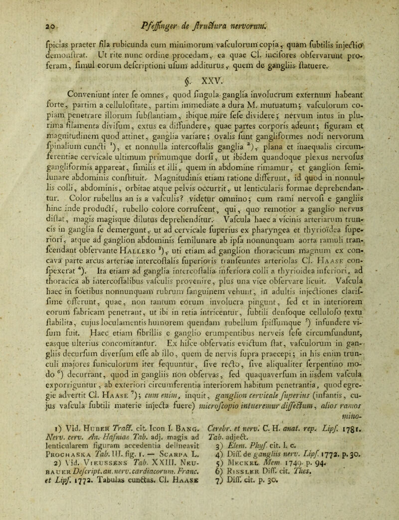 fpicias praeter fila rubicunda cum minimorum vafculorum copia, quam fubtilis injedtio'' demonflrat. Ut rite nunc ordine procedam,- ea quae Cl. incifores obfervarunt pro- feram, fimui eorum delcriptioni ufum additurus quem de gangliis- jftatuere. §. XXV. Conveniunt inter fe omnes, quod lingula-ganglia involucrum externum habeant forte, partim a cellulofitate, partim immediate a dura M. mutuatum; vafculorum co- piam penetrare illorum fubflantiam, ibique mire fefe dividere; nervum intus in plu- rima filamenta divifum, extus ea diffundere, quae partes corporis adeunt; figuram et magnitudinem quod attinet, ganglia variare; ovalis funt gangliformes nodi nervorum fpinalium cundi r), et nonnulla intercoflalis ganglia z),- plana et inaequalis circum- ferentiae cervicale ultimum primumque dorfi, ut ibidem quandoque plexus nervofus gangliformis appareat, fimilis et illi, quem in abdomine rimamur, et ganglion femi- lunare abdominis conflituit.- Magnitudinis etiam ratione differunt, id quod in nonnul- lis colli, abdominis, orbitae atque pelvis oCcurtit, ut lenticularis formae deprehendan- tur. Color rubellus an is a vafculis? videtur omnino; cum rami nervofi e gangliis hinc inde produdli, rubello colore corrufcent, qui, quo remotior a ganglio nervus diflat, magis magisque dilutus deprehenditur.- Vafcula haec a vicinis arteriarum trun- cis in ganglia fe demergunt,- ut ad cervicale fuperius ex pharyngea et thyrioidea fupe- riori, atque ad ganglion abdominis femilunare ab ipfa nonnunquam aorta ramuli tran- fcendant obfervante Hallero j),- uti etiam ad ganglion thoracicum magnum ex con- cava parte arcus arteriae intercoftalis fuperiovis tianfeuntes arteriolas Cl. Haase con- fpexerat 1 2 * 4). Ita etiam ad ganglia intercoflalia- inferiora colli a thyrioidea inferiori, ad thoracica ab intercoflaiibus valculis provenire, plus una vice obfervare licuit. Vafcula haec in foetibus nonnunquam rubrum fanguinem vehunt, in adultis injecliones clarif- lime offerunt, quae, non tantum eorum involucra pingunt, fed et in interiorem eorum fabricam penetrant, ut ibi in retia intricentur, fubtili denfoque cellulofo textu flabilita, cujus loculamentis humorem quendam rubellum fpiiTumque !) infundere vi- fum fuit. Haec etiam fibrillis e ganglio erumpentibus nerveis fele circumfundunt, easque ulterius concomitantur. Ex hifce obfervatis evidtum flat, vafculorum in gan- gliis decurfum diverfum elfe ab illo, quem de nervis fupra praecepi; in his enim trun- culi majores funiculorum iter fequuntur, five refto, iive aliqualiter ferpentino mo- do e) decurrant, quod in gangliis non obfervas, fed quaquaverfum in iisdem vafcula exporriguntur, ab exteriori circumferentia interiorem habitum penetrantia, quodegre- gie advertit Cl. Haase 7); cum enim, inquit, ganglion cervicale fuperius (infantis, cu- jus vafcula fubtili materie injeCla fuere) microfcopio intueremur dijfedtum, alios ramos mino- 1) Vid. HubeR Traft. cit. Icon I. Bang. Nerv. cerv. An.- Hafniae. Tab. adj. magis ad lenticularem figuram accedentia delineavit Prochaska I.— Scarpa L. 2) \ id. Vieussens Tab. XXIII. Nku- bauer Defcript.an.nerv.cardiacorum. Franc. et LipJ\ 1772. Tabulas cunftas. Cl. Haase Cerebr. et nerv. C. H. anat. rep. Lipf 178 r. Tab. adjeft. 3) EI em. Plnjf. cit. 1. c. 4) Di fi, de gangliis nerv. Lipf. 1772. p. 30. 5) Meckel Mem 1749. p. 94* 6) Rissler DiIT. cit. Thes, 7) Difll cit. p. 30.