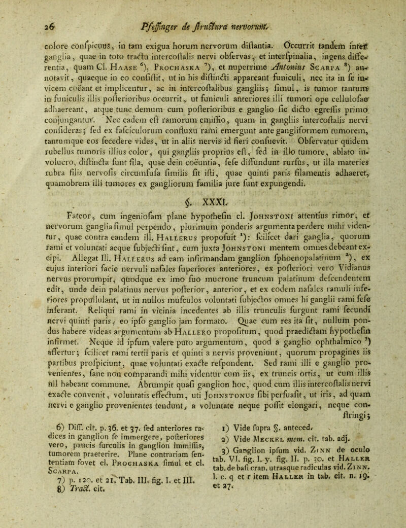 colore conlpicuus, in tam exigua horum nervorum didantia. Occurrit tandem inteC' ganglia, quae in toto tractu intercodaiis nervi obdervas,- et interfpinalia, ingens diffe-- rentia, quam Cl. Haase 6), Prochaska 7), et nuperrime Antonius Scarpa 8) an-- notavit, quaeque in eo confidit, ut in his didintdi appareant funiculi, nec ita in fe inw vicem coeant et implicentur, ac in infercodalibus gangliis; fimul, is tumor tantum in funiculis illis poderioribus occurrit y ut funiculi anteriores illi tumori ope cellulofae' adhaereant, atque tunc demum cum poderioribus e ganglio fic didto egredis primo conjungantur. Nec eadem ed ramorum emi dio, quam in gangliis intercodaiis nervi condideras; fed ex fafcieulorum conduxu rami emergunt ante gangliformem tumorem, tantumque eos decedere vides, ut in aliis nervis id fieri conduevit. Obfervatur quidem rubellus tumoris illius color, qui gangliis proprius ed, ded in illo tumore, ablato in- volucro, didincda funt fila, quae dein coeuntia , dede diffundunt rurfus, ut illa materies rubra filis nervofis circumfufa fimilis fit idi, quae quinti paris filamentis adhaeret, quamobrem illi tumores ex gangliorum familia jure funt expungendi. $. XXXI. Fateor, cum ingeniodam plane hypofhefin cl. JoHNSTOttf attentius rimor, et nervorum gangliafimul perpendo, plurimum ponderis argumenta perdere mihi viden- tur, quae contra eandem ili. Hallerus propofuit *): lcillcet dari ganglia, quorum rami et voluntati aeque fubjecdi fint, cum juxta Johnstoni mentem omnes debeant ex- cipi. Allegat Ili. Haleerus ad eam infirmandam ganglion dphoenopalatinum 2), ex cujus interiori facie nervuli nafales fuperiores anteriores, ex poderiori vero Vidianus nervus prorumpit, quodque ex imo fuo mucrone truncum palatinum defcendentem edit, unde dein palatinus nervus poderior, anterior, et ex eodem nafales ramuli infe- riores pro pullulant, ut in nullos mufculos voluntati fubjecfos omnes hi ganglii rami fede inferant. Reliqui rami in vicinia incedentes ab illis trunculis furgunt rami fecundi nervi quinti paris,- eo ipdo ganglio jam formato. Quae cum res ita fit, nullum pon- dus habere videas argumentum abHALLERO propofitum, quod praeditdam hypothefin infirmet. Neque id ipfum valere puto argumentum, quod a ganglio ophthalmico 3) affertur; fcilicet rami tertii paris et quinti a nervis proveniunt, quorum propagines iis partibus profpiciunt, quae voluntati exadte refpondent. Sed rami illi e ganglio pro- venientes, fane non comparandi mihi videntur cum iis, ex truncis ortis, ut cum illis nil habeant commune. Abrumpit quadi ganglion hoc, quod cum illis intercodaiis nervi exadle convenit, voluntatis effedhim, uti Johnstonus fibiperfuafit, ut iris, ad quam nervi e ganglio provenientes tendunt, a voluntate neque poffit eiongari, neque con- dringi; 6) DifT. cit. p. 36. et 37. fed anteriores ra« dices in ganglion fe immergere, pofteriores vero, paucis furculis in ganglion hnmiflis, tumorem praeterire. Plane contrariam fen- tentiam fovet cl. Prochaska fimul et cl. Scarpa. 7) p. 120. et 2i?Tab. III. fig. I. et IIT. 8) Tract, cit. 1) Vide fupra §. anteced. 2) Vide Meckel mem. cit. tab. adj. 3) Ganglion ipfum vid. Zinn de oculo tab. VI. fig. I. y. fig. II. p. 30. et Haeler tab. debafi cran. utrasque radiculas vid. Zinn. I. c. q et r item Haeler in tab. cit. n. 19. et 37.