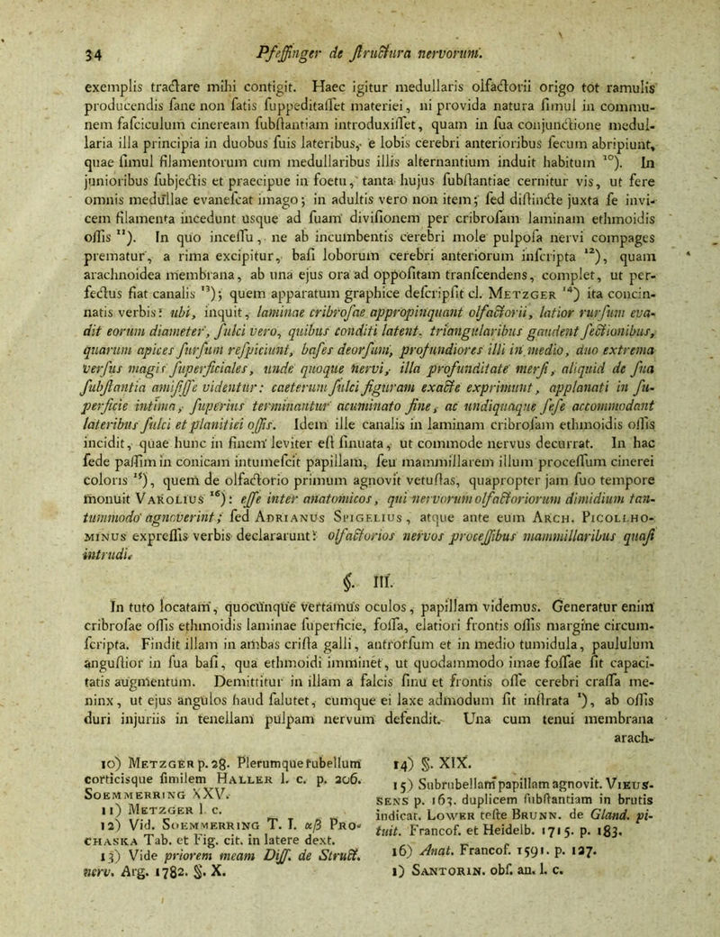 exemplis tradlare mihi contigit. Haec igitur medullaris oifadtorii origo tot ramulis producendis fane non fatis fuppeditalfet materiei , ni provida natura fimul in commu- nem fafciculum cineream fubflantiam introduxiffet, quam in fua conjunctione medul- laria illa principia in duobus fuis lateribus,- e lobis cerebri anterioribus fecum abripiunt, quae fimul filamentorum cum medullaribus illis alternantium induit habitum 10). In junioribus fubje&is et praecipue in foetu, tanta hujus fubftantiae cernitur vis, ut fere omnis medullae evanefcat imago-, in adultis vero non item; fed diffinde juxta fe invi- cem filamenta incedunt usque ad fuam divifionem per cribrofam laminam ethmoidis olfis n). In quo inceflu, ne ab incumbentis cerebri mole pulpofa nervi compages prematur, a rima excipitur, bafi loborum cerebri anteriorum infcripta 12), quam arachnoidea membrana, ab una ejus ora ad oppofitam tranfcendens, complet, ut per- fedus fiat canalis ,3); quem apparatum graphice delcripfit cl. Metzger ’4) ita concin- natis verbis i ubi, inquit, laminae cribrofae appropinquant olfactorii, latior rurfiim eva- dit eorum diameter', fulci vero, quibus conditi latent, triangularibus gaudent JeCtionibus, quarum apices furfum refpiciunt, bafes deorfim, profundiores illi in medio, duo extrema Verfus magi r fuperficiales, unde quoque nervi,- illa profunditate merfi, aliquid de fua fubfiantia amififfe videntur: caeterumfulci figuram ex adi e exprimunt, applanati in fi- perficie intima, fuperius terminantur' acuminato fine, ac undiquaqne fefe accommodant lateribus fulci et planitiei offis. Idem ille canalis in laminam cribrofam ethmoidis olfis incidit, quae hunc in finem'leviter efi finuata, ut commode nervus decurrat. In hac fede paJfimin conicam intumefcit papillam, feu mammillarem illum procelfium cinerei coloris '*), quem de olfadorio primum agnovit vetufias, quapropter jam fuo tempore monuit Varolius j6) : effe inter anatomicos, qui nervorum olfadioriorum dimidium tan- tummodo' agnoverint; fed Apri anus Spigelius, atque ante eum Arch. Picouho- minus exprelfis verbis declararunt! olfactorios nervos proceffibus mammillaribus quafi intrudit i m. In tuto locatam, quocunque vectamus oculos, papillam videmus. Generatur enim cribrofae olfis ethmoidis laminae fuperficie, folTa, elatiori frontis olfis margine circum- fcripta. Findit illam in ambas crifia galli, antrotfum et in medio tumidula, paululum sngufiior in fua bafi, qua ethmoidi imminet, ut quodammodo imae folfae fit capaci- tatis augmentum. Demittitur in illam a falcis finu et frontis offe cerebri craffa me- ninx, ut ejus angulos haud falutet, cumque ei laxe admodum fit inflrata ‘), ab olfis duri injuriis in tenellam pulpam nervum defendit. Una cum tenui membrana arach- 10) Mf.tzger p. 28. Plerumquefubellum corticisque fimilem Haller 1. c. p. 206. SoEMMERRING KXV. 11) Metzger 1 c. 12) Vid. SoEMMERRING T. I. Clfi Pro- Chasica Tab. et Fig. cit. in latere dext. 13) Vide priorem meam Diff. de Struit, nerv, Arg. 1782. §. X. 14) S- xix. 15) Subrubebam papillam agnovit. Vieus- Sens p. i6t. duplicem fubrtantiam in brutis indicat. Lowkr terte Brunn. de Gland. pi- tuit. Francof. et Heidelb. 1715. p. 133- 16) Anat. Francof. 1591. p. 137. 1) Santorin. obf. an. 1. c.