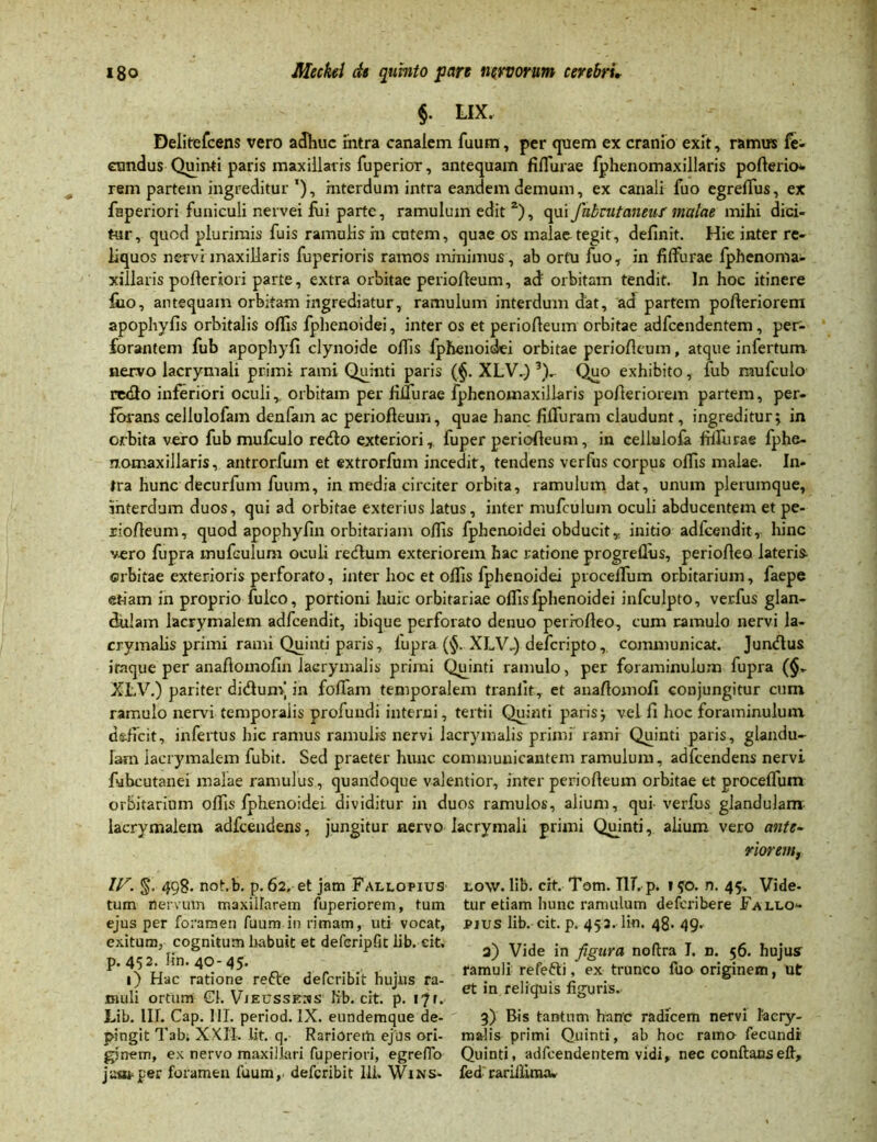 $• LIX, Delitefcens vero adhuc intra canalem fuum, per quem ex cranio exit, ramus fe- cundus Qmnti paris maxillaris fuperior, antequam fifiurae fphenomaxillaris pofterio* rem partem ingreditur'), interdum intra eandem demum, ex canali fuo egrelTus, ex fsperiori funiculi nervei lui parte, ramulum edit 2), qui fabeutaneuf malae mihi dici- tur, quod plurimis fuis ramulis in cutem, quae os malae tegit, definit. Hic inter re- liquos nervi maxillaris fuperioris ramos minimus, ab ortu fuo, in fiffurae fphenoma- xillaris pofieriori parte, extra orbitae periofieum, ad' orbitam tendit. In hoc itinere fuo, antequam orbitam ingrediatur, ramulum interdum dat, ad partem pofieriorem apophyfis orbitalis olfis fphenoidei, inter os et periofieum orbitae adfcendentem, per- forantem fub apophyfi clynoide olfis fphenoidei orbitae periofieum, atque infertum nervo lacrymali primi rami Quinti paris (§. XLV.) 3), Quo exhibito, fub mufculo re<2o inferiori oculi, orbitam per filfurae fphenomaxiJlaris pofieriorem partem, per- forans cellulofam denfam ac periofieum, quae hanc fiffuram claudunt, ingreditur; in orbita vero fub mufculo retfio exteriori, fuper periofieum, in cellulofa fiifiirae fphe- nomaxillaris, antrorfum et extrorfum incedit, tendens verfus corpus offis malae. In- tra hunc decurfum fuum, in media circiter orbita, ramulum dat, unum plerumque, interdum duos, qui ad orbitae exterius latus, inter mufculum oculi abducentem et pe- riofieum, quod apophyfin orbitariam olfis fphenoidei obducit, initio adfcendit, hinc vero fupra mufculum oculi reclum exteriorem hac ratione progreflus, periofieo lateris orbitae exterioris perforato, inter hoc et olfis fphenoidei procelTum orbitarium, faepe et-iam in proprio fulco, portioni huic orbitariae olfis fphenoidei infculpto, verfus glan- dulam lacrymalem adfcendit, ibique perforato denuo perrofieo, cum ramulo nervi la- crymabs primi rami Quinti paris, iupra (§. XLVJ) deferiptocommunicat. Juntfius itaque per anafiomofin lacrymalis primi Qujnti ramulo, per foraminulum fupra (§- XLV.) pariter didtunV in foliam temporalem tranfit, et anafiomoii conjungitur cum ramulo nervi temporalis profundi interni, tertii Quinti paris; vel fi hoc foraminulum deficit, infertus hic ramus ramulis nervi lacrymalis primi rami Quinti paris, glandu- lam lacrymalem fubit. Sed praeter hunc communicantem ramulum, adfcendens nervi fubcutanei malae ramulus, quandoque valentior, inter periofieum orbitae et procelTum orbitarium olfis Ipbenoidei dividitur in duos ramulos, alium, qui- verfus glandulam- lacrymalem adfcendens, jungitur nervo lacrymali primi Quinti, alium vero ante- riorem, IIS. 498. not.b. p. 62. et jam Fallopius tum nervum maxillarem fuperiorem, tum ejus per foramen fuum in rimam, uti vocat, exitum, cognitum habuit et defcripfit iib. cit. p. 452. lin. 40- 45. 1) Hac ratione refte deferibit hujus ra- muli ortum Gl. Vjeussk^s Kb. cit. p. 171. Lib. IIJ. Cap. 111. period. IX. eundemque de- pingit Tab; XXII. Iit. q. Rariorem ejils ori- ginem, ex nervo maxillari fuperiori, egreffo ja»p«r foramen fuum,- deferibit 111. Wins- tow. lib. cit. Tom. IIT, p. » 50. n. 45. Vide- tur etiam hunc ramulum deferibere Fallo- pius lib. cit. p. 453. lin. 48. 49. 3) Vide in figura noftra I. n. 56. hujus ramuli refefti, ex trunco luo originem, ut et in reliquis figuris. 3) Bis tantum hanc radicem nervi laery- ma-lis primi Quinti, ab hoc ramo fecundi Quinti, adfcendentem vidi, nec conftanself, fed- rariiiima.