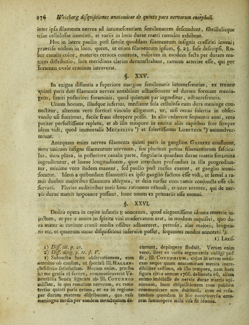 mter ipfa filamenta nervea ad intumefcentiam femilunarem defcendunt, fibri 11 ulisque telae cellulofae immixti, et variis in locis durae matri ramulos exhibent. Hoc in latere paullo poft fimile quoddam filamentum infignis craffitiei inveni; praecife eodem in loco, quem, ut etiam filamentum ipfum, §, 33. fufe defcripfi. Ru- ber canalis color, materies ceracea contenta, vaforum in modum fada per duram ma- trem difiributio, luce meridiana clarius demonfirabant, ramum arteriae efle, qui per foramen ovale cranium intraverat- §. XXV- In exigua difiantia a fuperiore margine femilunaris intumefcentiae, ex trunca quinti paris duo filamenta nervea notabilem adhaefionem ad duram formant menin- gem, limiti pofieriori foraminis, quod quintum par ingreditur, adhaerefcentia. Unum hoi*um, ilkrdque inferius, mediante fola cellulofa cum dura meninge con- necditur, alterum vero fortiori vinculo alligatum, ut, nifi omni folertia in obfer- vando ufi fuerimus, facile fraus obrepere poflit. In alio cadavere fequentis anni, cera pariter perfedtilfime repleto, et ab illo tempore in- multis aliis capitibus fere femper idem vidi, quod immortalis Meckelius ‘) et folertiflimus Lobstew a) animadver- terunt. Antequam enim nervea filamenta quinti paris in ganglion Gasseri confluunt, mox unicum infigne filamentum nerveum, ieu plurium potius filamentorum fafcicu- Ius, mox plura, in polleriore canalis parte, lingularia quaedam durae matris foramina ingrediuntur, et lineae longitudinem, quin interdum profundius in illa progrediun- tur, minime vero ibidem manent, fed paullo port rurlus exeunt, et ganglio immi- fcentur. Idem a quibusdam filamentis ex ipfo ganglio faduin efle vidi, et femel a ra- mis duobus majoribus filamenta ablegata, et dein rurfus cum ramis conjunda efle ob* fervavi. Pluries auditoribus meis hanc rationem ollendi, et inter errores, qui de ner- vis durae matris imponere poflunt, hunc unum ex primariis efle monui. §. xxvr. Dedita opera in capite infantis 8 annorum, quod elegantiflime idonea materie in- jecflum, et per 2 annos in fpiritu vini confervatum erat, in modum inquifivi, quo du- ra mater in cavitate cranii media oflibus adhaereret, petrofo, alae majori, bregma- tis etc. et quantum meae difquifitioni infer vim pollet, fequentes modos annotavi *). ‘ 1) Laxif- 1) Bijf. cit. p. 21. 2) nijf. all?g, p . u. /. V. T) Subnedo hanc obfervationem, eam jcmnino ob ca-ufam, ut fpeciali IH.Halleri ciefiderio fatisfaciatn. Mecum enim, profua 11 v me gratia et favore, communicaverat Ve- nerabilis Senex figuram ab- 111. Cotunkjio miflam, in qua ramulum nerveum, ex ramo tertio quinti paris ortum r et ea in regione per duram matrem diftributum, qua vafa meningea media per eandem membranam de- currunt, depingere flnduit- Verum enim vero, licet ex variis argumentis colligi pof- iit, 111. Cotunnium , cujus in artem medi- cam aeque quam anatomicam merita incre- dibiliter aefiimo, ab illo tempore, nam haec figura circa annum 1766. delineata eft, aliam anrmo rmbibiffe de nervis durae matris opi- nionem, hanc difquilitionem cum publico communicare non dubitavi, cum ad refu- tandum quendam in hac controverfia erro- rem fummopere mihi vifa fit idonea.