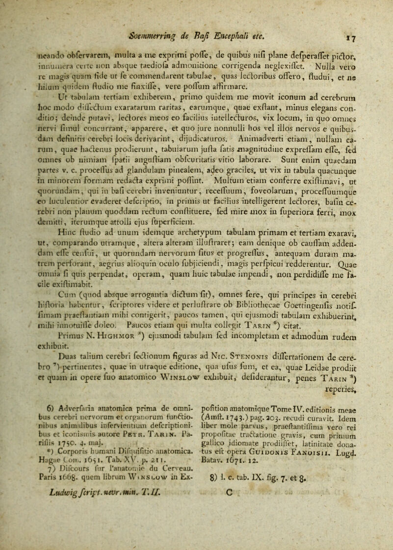 neando obfervarem, multa a me exprimi pofle, de quibus nifi plane defperaffet picflor, innumera certe non absque taediofa admonitione corrigenda neglexi(Tet. Nulla vero re magis quum fide ut J'e commendarent tabulae, quas ledtoribus offero, Audui, et ne hilum quidem Audio me finxiffe, vere polfum affirmare. Ut tabulam tertiam exhiberem, primo quidem me movit iconum ad cerebrum hoc modo diflecAum exaratarum raritas, earujnque, quae exflant, minus elegans con- ditio; deinde putavi, lecfores meos eo facilius intellecturos, vix locum, in quo omnes nervi fimul concurrant, apparere, et quo jure nonnulli hos vel illos nervos e quibus- dam definitis cerebri locisderivarint, dijudicaturos. Animadverti etiam, nullam ea- rum, quae hactenus prodierunt, tabularum juffa fatis magnitudine expreffam effe, fed omnes ob nimiam 1 pati i aiigoAiam obfcuritatis vitio laborare. Sunt enim quaedam partes v. c. proce (Ius ad glandulam pinealem, adeo graciles, ut vix in tabula quacunque in minorem formam redacta exprimi pofiuit. Multum etiam conferre exifiimavi, ut quorundam, qui in bali cerebri inveniuntur, recelfuum, foveolarum, proceffuumque eo luculentior evaderet deferiptio, in primis ut facilius intelligerent lectores, bafin ce- rebri non planum quoddam rectum conflituere, fed mire mox in fuperiora ferri, mox demitti, iterumque attolli ejus fuperficiem. Hinc Audio ad unum idemque archetypum tabulam primam et tertiam exaravi, ut, comparando utramque, altera alteram illuAraret; eam denique ob cauffam adden- dam elfe cenfui, ut quorundam nervorum fitus et progrefius, antequam duram ma- trem perforant, aegrius aiioquin oculo fubjiciendi, magis perfpicui redderentur. Quae omnia fi quis perpendat, operam, quam huic tabulae impendi, nonperdidiffe me fa- cile exifiimabit. Cum (quod absque arrogantia dictum fit), omnes fere, qui principes in cerebri IrAoria habentur, feriptores videre et perluArare ob Bibliothecae Goettingenfis noti fi. lunam praeAantiajn mihi contigerit, paucos tamen, qui ejusmodi tabulam exhibuerint, milii innotuilfe doleo. Paucos etiam qui multa collegit Tarin 6) citat. Primus N- Highmor *) ejusmodi tabulam fed incompletam et admodum rudem exhibuit. Duas talium cerebri fectionum figuras ad Nic. Stenonis dilfertationem de cere- bro 7) pertinentes, quae in utraque editione, qua ufus lum, et ea, quae Leidae prodiit et quam in opere fuo anatomico Winslow exhibuit, defiderantur, penes Tarin 8) reperies. 6) Adverfaria anatomica prima de omni- bus cerebri nervorum et organorum funfrio- nibus animalibus infervientium deferiptioni- bus et iconismis autore Petu. Tarin. Pa- riliis 175O. 4- maj. *) Corporis humani Difquifitio anatomica. Hagae Coit.. 1651. Tab. XV. p. 211. 7) Dilcours fur 1’anatomie du Cerveau, Paris x66g- quem librum Winsuow in Ex- Ludwig feript. nevr. min. T. //. pofition anatomique Tome IV. editionis meae (Amft. 1743.) pag. 303. recudi curavit Idem liber mole parvus, praeftantiiiima vero rei propofitae traftatione gravis, cum primum gallico idiomate pro dii fiet, latinitate dona- tus eit opera Guiuonis Fanoisji. Lugd. Batav. 1671. 12- 8) 1. c. tab. IX. fig. 7. et g. C