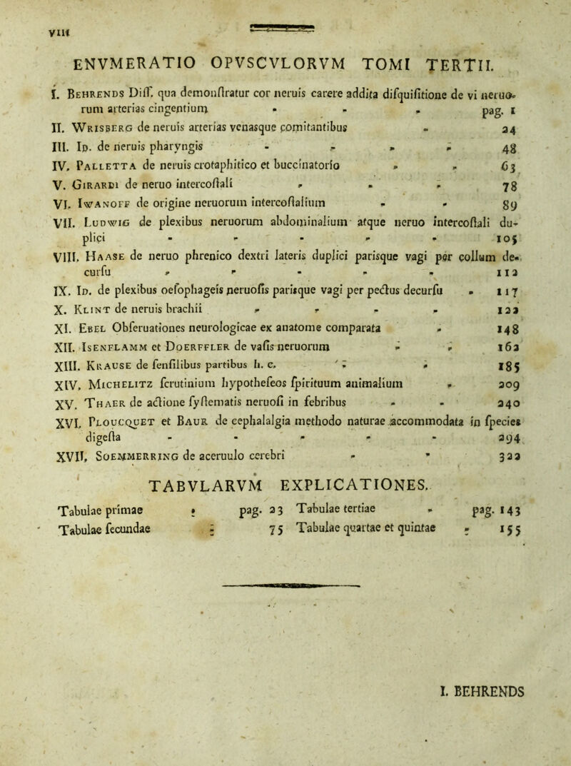 VI1< envmeratio opvscvlorvm tomi tertii. f. Behrends Diil' qua demonflratur cor neniis carere addita difquifitione de vi «eruo, rum arterias cingentium - . * pag. i II. Wrisberg de neruis arterias venasque comitantibus - 24 III. Id. de neruis pharyngis - » - 43 IV. Palletta de neruiscrotaphitico et buccinatorio - - 63 V. Girardi de neruo intercoftali - - - 78 VI. Iwanoff de origine neruorum intereoflaiimn - - gy VII. L uowig de plexibus neruorum abdominalium atque neruo iritercoftali du- plici - - - - * 105 VIII. H aase de neruo phrenico dextri lateris duplici parisque vagi per collum de- cur fu IX. Id. de plexibus oefophageis neruofis parisque vagi per pedus decurfu • X. Klint de neruis brachii r r - F XI. Ebel Obferuationes neurologicae ex anatome comparata XII. Isenflamm et Doerfeler de vafis neruorum - - XIII. Krause de fenfilibus partibus h. c, ' l • XIV. Micheutz fcrutinium hypothefeos fpirituum animalium . XV. T haer de adione fyflematis neruofi in febribus XVI. Peoucquet et Baur de cephalalgia methodo naturae accommodata in fpecie* - • 323 112 UT 123 >48 I63 »85 209 340 digefta XVII, Soesjmerring de aceruulo cerebri TABVLARVM EXPLICATIONES. Tabulae primae Tabulae fecundae pag. 23 Tabulae tertiae * 7 5 Tabulae quartae et quintae pag. 143 15 5 I. BEHRENDS