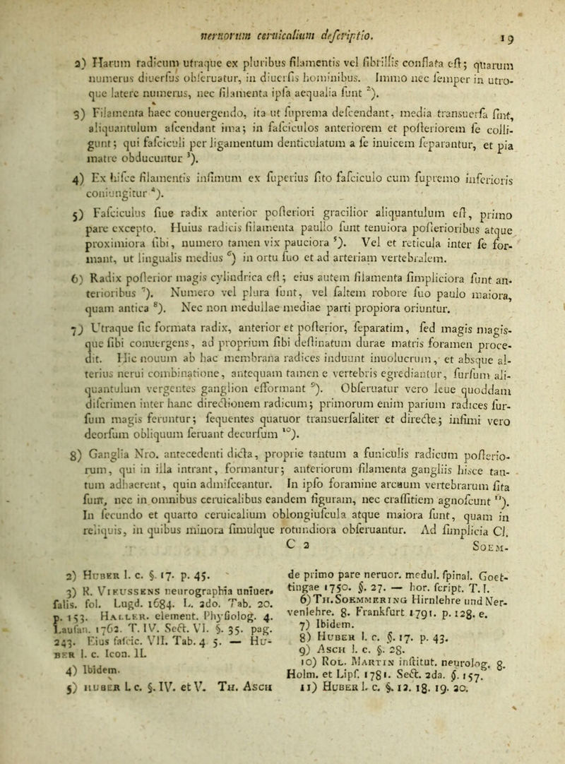 а) Harum radicum utraque ex pluribus filamentis vel fibrillis conflata efi; quarum numerus diuerfus obJeruatur, in diuerfis hominibus. Inmio nec femper in utro- que latere numerus, nec filamenta ipla aequalia funt z). 3) Filamenta haec conuergenilo, ita ut fiuprema deficendant, media transuerfa fin-t, aliquantulum alcendant ima; in fiaficiculos anteriorem et pofleriorem fe colli- gunt; qui faficiculi per ligamentum denticulatum a fie inuicem fieparantur, et pia matre obducuntur 3). 4) Ex hi fice filamentis infimum ex fiuperius fito fafciculo cum fiupre mo inferioris coniungitur A). 5) Faficiculus flue radix anterior pofleriori gracilior aliquantulum efi, primo pare excepto. Huius radicis filamenta paullo fiunt tenuiora pollerioribus atque proximiora fitbi, numero tamen vix pauciora 5). Vel et reticula inter fie for- mant, ut lingualis medius c) in ortu fuo et ad arteriam vertebralem. б) Radix poflerior magis cylindrica efi; eius autem filamenta fimpliciora fiunt an- terioribus '). Numero vel plura fiunt, vel fialtcm robore fiuo paulo maiora, quam antica 8). Nec non medullae mediae parti propiora oriuntur. 1) Utraque fie formata radix, anterior et poflerior, fieparatim, fied magis magis- que fibi conuergens, ad proprium flbi deflinatum durae matris foramen proce- dit. Hic nouum ab hac membrana radices induunt inuolucrum, et absque al- terius nerui combinatione, antequam tamen e vertebris egrediantur, furfum ali- quantulum vergentes ganglion effiormant 9). Obfieruatur vero leue quoddam diferimen inter hanc directionem radicum; primorum enim parium radices fur- fum magis feruntur; fiequentes quatuor transucrfialiter et dire (fle; infimi vero deorfium obliquum leruant decurfium l0). 8) Ganglia Nro. antecedenti diefla, proprie tantum a funiculis radicum poflerio- ruin, qui in iila intrant, formantur; anteriorum filamenta gangliis hisce tan- tum adhaerent, quin admilccantur. In ipfo foramine arcuum vertebrarum fita fu ut, ncc in omnibus ceruicalibus eandem figuram, nec craflitiem agnoficunt V I11 fecundo et quarto ccruicalium oblongiufcula atque maiora fiunt, quam in reliquis, in quibus minora flmulque rotundiora obferuantur. Ad fimpjicia CJ. G 2 SoEM- 2) Hubkr I. c. §. 17. p. 45. 3) R. Vikusskns neurographia umuer* falis, fol. l.ugd. 1684. L. sdo. Tab. 20. . 153. Haller. element. Pl^Golog. 4. .aufan. 1762. T. IV. Seft. VI. §. 35. pag. 243. Eius fafcic. VII. Tab. 4 5. — Hlt- ber I. c. Icoa. 1L 4) Ibidem. X 5) nuBER L c. §. IV- etV. Th. Ascu de piimo pare neruor. mcdul. fpinal. Goet- tingae 1750. $. 27. — hor. feript. T. I. 6) Th.Sokmmering Hirnlehre undNer- venlehre. 8. Frankfurt 1791. p. 128. e. 7) Ibidem. 8) Hubeh I. c. §. 17. p. 43. 9) Asch 1. C. §. 2S* 10) Rol. Martin inftitut. neurolog. g. Holm. et Lipf. 1781. Seft. 2da. §. 157I i 1) Huber 1. c. ia. 18. 19. 30.
