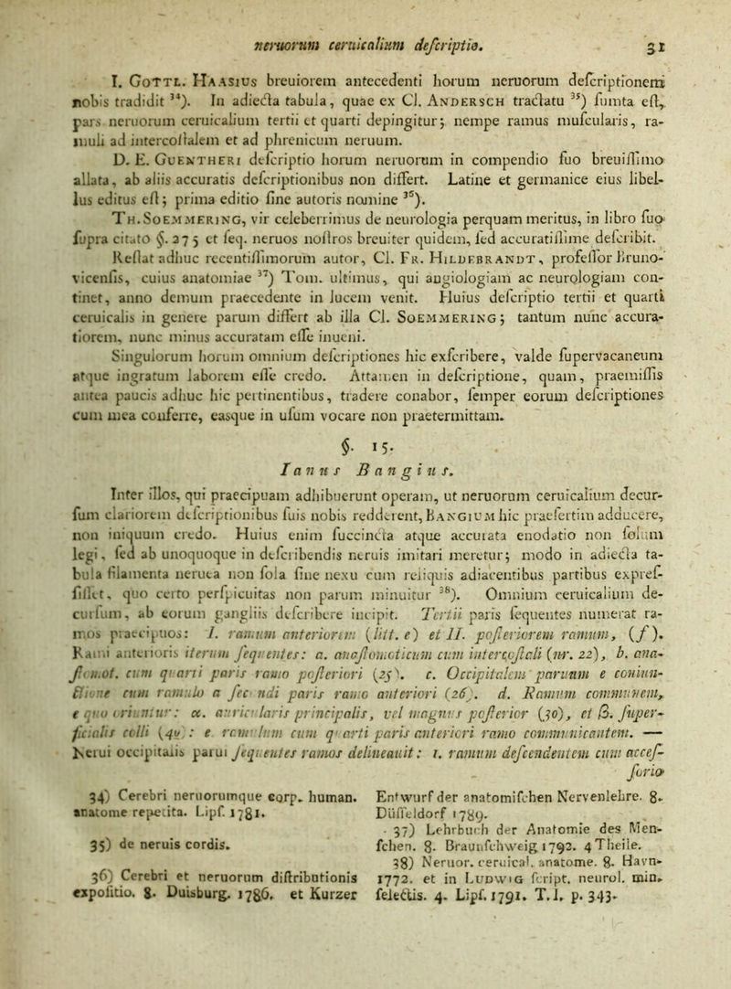 I. GoTtl. Haasius breuiorem antecedenti horum neruorum deferiptioneni nobis tradidit 34). In adietfla tabula, ejuae ex CJ. Andersch tradatu 3S) fumta eft,. pars neruorum ceruicalium tertii ct quarti depingitur; nempe ramus mufcularis, ra- muli ad intercollalem et ad phrenicum neruum. D. E. Guentheri deferiptio horum neruorum in compendio fuo breuiflimo allata, ab aliis accuratis deferiptionibus non differt. Latine et germanice eius libel- lus editus eft; prima editio fine autoris nomine 35). Th.Soemmering, vir celeberrimus de neurologia perquam meritus, in libro fuo fupra citato §.375 et feq. neruos noflros breuiter quidem, led accuratiflime delcribit. Reflat adhuc recentiffimorum autor, Cl. Fr. Hildebr andt , profeffor Kruno- vicenfis, cuius anatomiae 37) T0111. ultimus, qui augiologiam ac neurologiam con- tinet, anno demum praecedente in lucem venit. Huius delcriptio tertii et quarti ceruicalis in genere parum differt ab illa Cl. Soem.mering; tantum nunc accura- tiorem, nunc minus accuratam effe inueni. Singulorum horum omnium deferiptiones hic exferibere, valde fupervacaneum atque ingratum laborem elle credo. Attamen in deferiptione, quam, praemiffis antea paucis adhuc hic pertinentibus, tradere conabor, lemper eorum deferiptiones cum mea conferre, easque in uium vocare non praetermittam. $■ 15- Ian n s B an g i n s. Inter illos, qui praecipuam adhibuerunt operam, ut neruorum ceruicalium decur- fum clariorem deferiptionibus fuis nobis redderent, Bakgiumhic praefertim adducere, non iniquum credo. Huius enim fuccincta atque accutata enodatio non lofum legi, led ab unoquoque in deferibendis neruis imitari meretur; modo in adie&a ta- bula filamenta neruta non lola fine nexu cum reliquis adiacentibus partibus expiet fillet, quo certo perfpicuitas non parum minuitur 38). Omnium ceruicalium de- curfum, ab eorum gangliis dtferibere incipit. Tertii paris fequentes numerat ra- iv.os praecipuos: 7. ramum anteriorem (liit.e) et 11. pofieriorem ramum, (f). Rai .i anterioris iterum fequentes: a. anojloincticum cum intercpfali (u-r. 22), b. ana- f<i,.ot. cum quarti paris ramo pojlcriori (25^. c. Occipitalem paruam e coniun- tlu ne cum ramulo a fec ndi paris ramo anteriori (26'). d. Ramum communem, e ano ori niur: a. auricularis principalis, vel magnus pefierior (jo), et /3. fuper- ficmlis colli (40 : e ramulum cum quarti paris anteriori ramo communicantem. — heiui occipitaris parui fequentes ramos delineauit: 1. ramum defendentem cum aece f for io 34) Cerebri neruorumque egrp. human. anatome repetita. Lipf. 178*. 35) de neruis cordis. 36) Cerebri et neruorum diftribotionis expolitio, g. Duisburg. 17^6. et Kurzer Entwurf der anatomifehen Nervenlehre. 8» DiilVeldorf 1789. - 37) Lehrbuch der Anatomle des Men- fchen. 8- Braunfchweig 1792. 4Tbeile. 38) Neruor. ceruical. anatome. 8. Havn- 1772. et in Ludwig feript. neurol. min. feiedis. 4. Lipf. 1791. T.L p. 343-