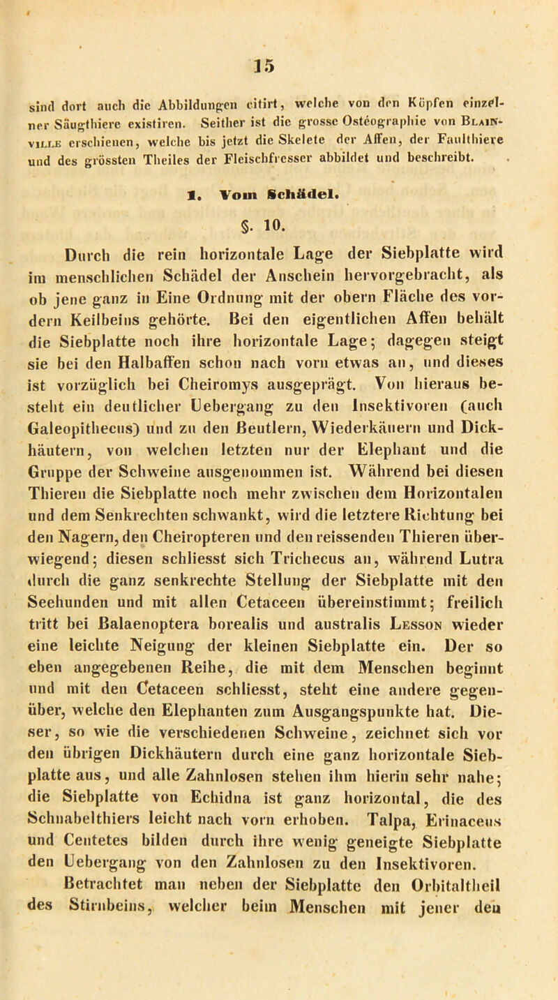 sind dort auch die Abbildungen citirt, welche von den Köpfen einzel- ner Saugthiere existiren. Seither ist die grosse Ostcographie von Blain- viixe erschienen, welche bis jetzt die Skelete der Affen, der Faulthiere und des grössten Thciles der Fleischfresser abbildet und beschreibt. 1. Vom Schädel. §. io. Durch die rein horizontale Lage der Siebplatte wird im menschlichen Schädel der Anschein hervorgebracht, als ob jene ganz in Eine Ordnung mit der obern Fläche des vor- dem Keilbeins gehörte. Bei den eigentlichen Affen behält die Siebplatte noch ihre horizontale Lage; dagegen steigt sie bei den Halbaffen schon nach vorn etwas an, und dieses ist vorzüglich bei Cheiromys ausgeprägt. Von hieraus be- steht ein deutlicher Liebergang zu den Insektivoren (auch Galeopithecus) und zu den Beutlern, Wiederkäuern und Dick- häutern, von welchen letzten nur der Elephant und die Gruppe der Schwreine ausgenommen ist. Während bei diesen Thieren die Siebplatte noch mehr zwischen dem Horizontalen und dem Senkrechten schwankt, wird die letztere Richtung bei den Nagern, den Cheiropteren und den reissenden Thieren über- wiegend; diesen schliesst sich Trichecus an, während Lutra durch die ganz senkrechte Stellung der Siebplatte mit den Seehunden und mit allen Cetaceen übereinstimmt; freilich tritt bei ßalaenoptera borealis und australis Lesson wieder eine leichte Neigung der kleinen Siebplatte ein. Der so eben angegebenen Reihe, die mit dem Menschen beginnt und mit den Cetaceen schliesst, steht eine andere gegen- über, welche den Elephanten zum Ausgangspunkte hat. Die- ser, so wie die verschiedenen Schweine, zeichnet sich vor den übrigen Dickhäutern durch eine ganz horizontale Sieb- platte aus, und alle Zahnlosen stehen ihm hierin sehr nahe; die Siebplatte von Echidna ist ganz horizontal, die des Schnabelthiers leicht nach vorn erhoben. Talpa, Erinaceus und Centetes bilden durch ihre wenig geneigte Siebplatte den Uebergang von den Zahnlosen zu den Insektivoren. Betrachtet man neben der Siebplatte den Orbitaltheil des Stirnbeins, welcher beim Menschen mit jener den