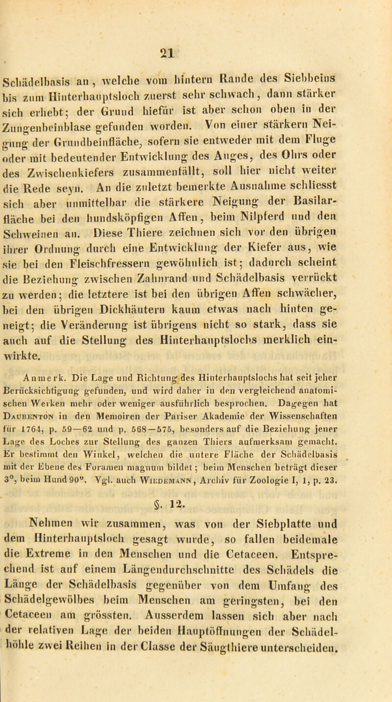 Schädelbasis an , welche vom hintern Rande des Siebbeins bis znm Hinterhauptsloch zuerst sehr schwach, dann stärker sich erhebt; der Grund hiefür ist aber schon oben in der Zungenbeinblase gefunden worden. Von einer stärkern Nei- gung der Grundbeinfläche, sofern sie entweder mit dem Fluge oder mit bedeutender Entwicklung des Auges, des Ohrs oder des Zwischenkiefers zusammenfällt, soll hier nicht weiter die Rede seyn. An die zuletzt bemerkte Ausnahme schliesst sich aber unmittelbar die stärkere Neigung der Basilar- fläche bei den liundsköpfigcn Affen, beim Nilpferd und den Schweinen an. Diese Thiere zeichnen sich vor den übrigen ihrer Ordnung durch eine Entwicklung der Kiefer aus, wie sie bei den Fleischfressern gewöhnlich ist; dadurch scheint die Beziehung zwischen Zahnrand und Schädelbasis verrückt zu werden; die letztere ist bei den übrigen Affen schwächer, hei den übrigen Dickhäutern kaum etwas nach hinten ge- neigt; die Veränderung ist übrigens nicht so stark, dass sie auch auf die Stellung des Hinterhauptslochs merklich ein- wirkte. Anmerk. Die Lage und Richtung des Hinterhauptslochs hat seit jeher Berücksichtigung gefunden, und wird daher in den vergleichend anatomi- schen Werken mehr oder weniger ausführlich besprochen. Dagegen hat Daubenton in den Memoiren der Pariser Akademie der Wissenschaften für 1764, p. 59—62 und p. 568 — 575, besondersauf die Beziehung jener Lage des Loches zur Stellung des ganzen Thiers aufmerksam gemacht. Er bestimmt den Winkel, welchen die untere Fläche der Schädelbasis mit der Ebene des Foramen magnum bildet; beim Menschen beträgt dieser 3°, beim Hund90°. Vgl. auch Wiedemann, Archiv für Zoologie I, 1, p. 23. §. 12. Nehmen wir zusammen, was von der Siebplatte und dem Hinterhauptsloch gesagt wurde, so fallen beidemale die Extreme in den Menschen und die Cetaceen. Entspre- chend ist auf einem Längendurchschnitte des Schädels die Länge der Schädelbasis gegenüber von dem Umfang des Schädelgewölbes beim Menschen am geringsten, bei den Cetaceen am grössten. Ausserdem lassen sich aber nach der relativen Lage der beiden Hauptöffnungen der Schädel- höhle zwei Reihen in derClasse der Säugthiere unterscheiden.