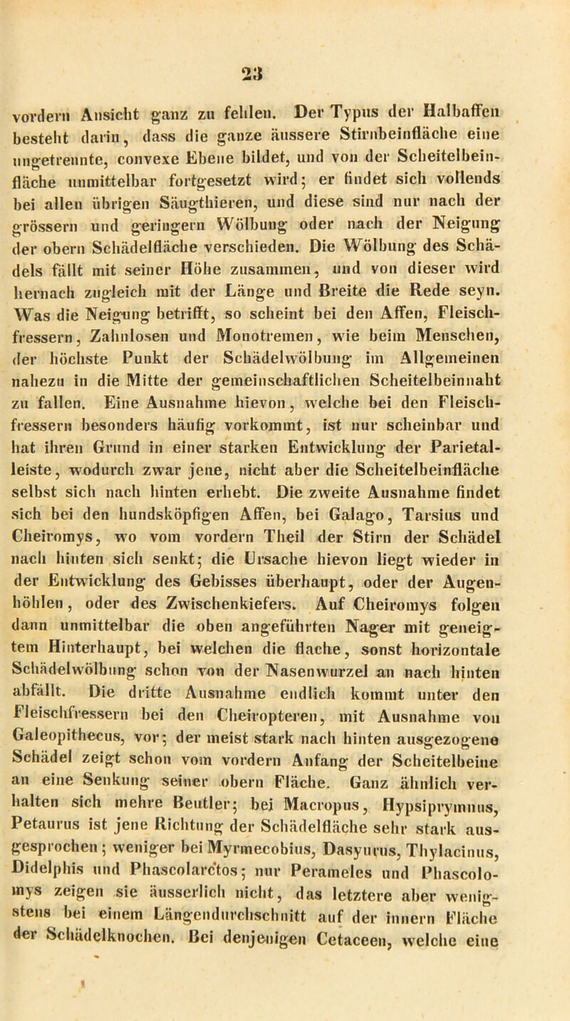 vordem Ansicht ganz zu fehlen. Der Typus der Halbaffen besteht darin, dass die ganze äussere Stirnbeinfläche eine ungetrennte, convexe Ebene bildet, und von der Scheitelbein- fläche unmittelbar fortgesetzt wird; er findet sich vollends bei allen übrigen Säugthieren, und diese sind nur nach der grossem und geringem Wölbung oder nach der Neigung der obern Schädelfläche verschieden. Die Wölbung des Schä- dels fällt mit seiner Höhe zusammen, und von dieser wird hernach zugleich mit der Länge und Breite die Rede seyn. Was die Neigung betrifft, so scheint bei den Affen, Fleisch- fressern, Zahnlosen und Monotreinen, wie beim Menschen, der höchste Punkt der Schädelwölbung im Allgemeinen nahezu in die Mitte der gemeinschaftlichen Scheitelbeinnaht zu fallen. Eine Ausnahme hievon, welche bei den Fleisch- fressern besonders häufig vorkommt, ist nur scheinbar und hat ihren Grund in einer starken Entwicklung der Parietal- leiste, wodurch zwar jene, nicht aber die Scheitelbeinfläche selbst sich nach hinten erhebt. Die zweite Ausnahme findet sich bei den hundsköpfigen Affen, bei Galago, Tarsius und Cheiromys, wo vom vordem Theil der Stirn der Schädel nach hinten sich senkt; die Ursache hievon liegt wieder in der Entwicklung des Gebisses überhaupt, oder der Augen- höhlen , oder des Zwischenkiefers. Auf Cheiromys folgen dann unmittelbar die oben angeführten Nager mit geneig- tem Hinterhaupt, bei welchen die flache, sonst horizontale Schädelwölbung schon van der Nasenwurzel an nach hinten abfällt. Die dritte Ausnahme endlich kommt unter den Fleischfressern bei den Cheiropteren, mit Ausnahme von Galeopithecus, vor; der meist stark nach hinten ausgezogene Schädel zeigt schon vom vordem Anfang der Scheitelbeine an eine Senkung seiner obern Fläche. Ganz ähnlich ver- halten sich mehre Beutler; bei Macropus, Hypsiprymnus, Petaurus ist jene Richtung der Schädelfläche sehr stark aus- gesprochen; weniger bei Myrinecobius, Dasyurus, Thylacinus, Didelphis und Phascolarctos; nur Perameles und Phascolo- mys zeigen sie äusserlich nicht, das letztere aber wenig- stens bei einem Längendurchschnitt auf der Innern Fläche dei Schädelknochen. Bei denjenigen Cetaceen, welche eine