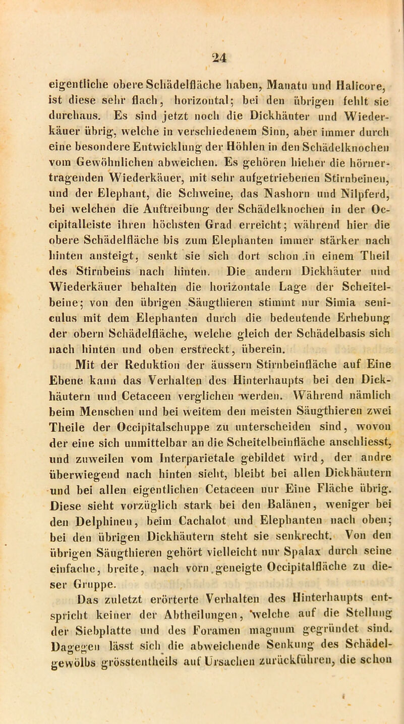 eigentliche obere Schädelfläche haben, Manatu und Halicore, ist diese sehr flach, horizontal; bei den übrigen fehlt sie durchaus. Es sind jetzt noch die Dickhäuter und Wieder- käuer übrig, welche in verschiedenem Sinn, aber immer durch eine besondere Entwicklung der Höhlen in den Schädelknochen vom Gewöhnlichen abweichen. Es gehören hieher die hörner- tragenden Wiederkäuer, mit sehr aufgetriebenen Stirnbeinen, und der Elephant, die Schweine, das Nashorn und Nilpferd, bei welchen die Auftreibung der Schädelknochen in der Oc- cipitalleiste ihren höchsten Grad erreicht; während hier die obere Schädelfläche bis zum Eleplianten immer stärker nach hinten ansteigt, senkt sie sich dort schon .in einem Tlieil des Stirnbeins nach hinten. Die andern Dickhäuter und Wiederkäuer behalten die horizontale Lage der Scheitel- beine; von den übrigen Säugthieren stimmt nur Simia seni- culus mit dem Eleplianten durch die bedeutende Erhebung der obern Schädelfläche, welche gleich der Schädelbasis sich nach hinten und oben erstreckt, überein. Mit der Reduktion der äussern Stirnbeinfläche auf Eine Ebene kann das Verhalten des Hinterhaupts bei den Dick- häutern und Cetaceen verglichen -werden. Während nämlich beim Menschen und bei weitem den meisten Säugthieren zwei Theile der Occipitalschuppe zu unterscheiden sind, wTovon der eine sich unmittelbar an die Scheitelbeinfläche anschliesst, und zuweilen vom Interparietale gebildet wird, der andre überwiegend nach hinten sieht, bleibt bei allen Dickhäutern und bei allen eigentlichen Cetaceen nur Eine Fläche übrig. Diese sieht vorzüglich stark bei den Balänen, weniger bei den Delphinen, beim Cachalot und Eleplianten nach oben; bei den übrigen Dickhäutern steht sie senkrecht. Von den übrigen Säugthieren gehört vielleicht nur Spalax durch seine einfache, breite, nach vorn geneigte Occipitalfläche zu die- ser Gruppe. Das zuletzt erörterte Verhalten des Hinterhaupts ent- spricht keiner der Abtheilungen, “welche auf die Stellung der Siebplatte und des Foramen magnum gegründet sind. Dagegen lässt sich die abweichende Senkung des Schädel- gevvölbs grösstentheils auf Ursachen zurückführen, die schon