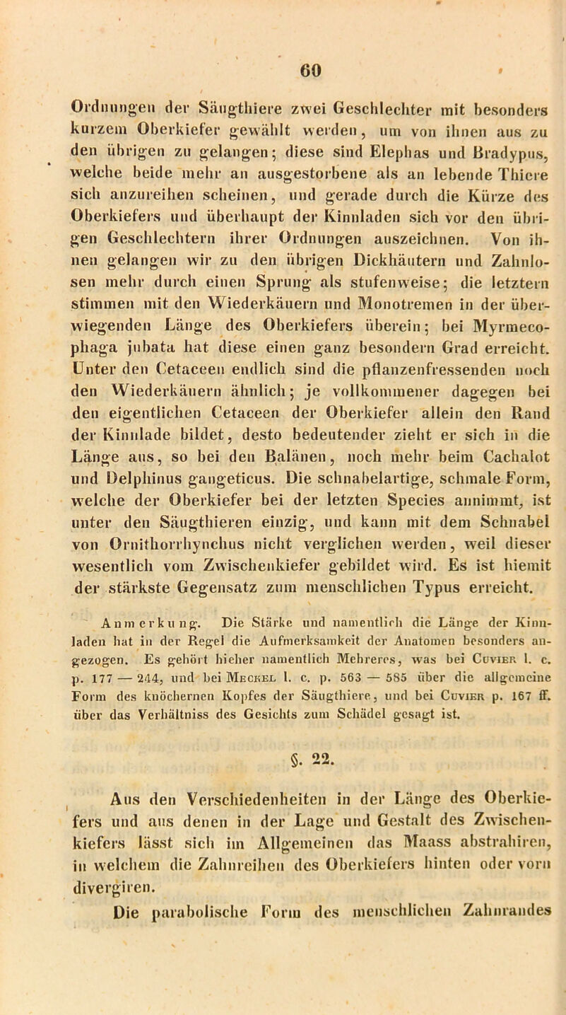 Ordnungen der Säugthiere zwei Geschlechter mit besonders kurzem Oberkiefer gewählt werden, um von ihnen aus zu den übrigen zu gelangen; diese sind Elephas und Bradypus, welche beide mehr an ausgestorbene als an lebende Thicre sich anzureihen scheinen, und gerade durch die Kürze des Oberkiefers und überhaupt der Kinnladen sich vor den übri- gen Geschlechtern ihrer Ordnungen auszeichnen. Von ih- nen gelangen wir zu den übrigen Dickhäutern und Zahnlo- sen mehr durch einen Sprung als stufenweise; die letztem stimmen mit den Wiederkäuern und Monotremen in der über- wiegenden Länge des Oberkiefers überein; bei Myrmeco- phaga jubata hat diese einen ganz besondern Grad erreicht. Unter den Cetaceen endlich sind die pflanzenfressenden noch den Wiederkäuern ähnlich; je vollkommener dagegen bei den eigentlichen Cetaceen der Oberkiefer allein den Hand der Kinnlade bildet, desto bedeutender zieht er sich in die Länge aus, so bei den Balänen, noch mehr beim Cachalot und Delphinus gangeticus. Die schnabelartige, schmale Form, welche der Oberkiefer bei der letzten Species annimmt, ist unter den Säugthieren einzig, und kann mit dem Schnabel von Ornithorrhynchus nicht verglichen werden, weil dieser wesentlich vom Zwischenkiefer gebildet wird. Es ist hiemit der stärkste Gegensatz zum menschlichen Typus erreicht. Anmerkung'. Die Stärke und namentlirh die Länge der Kinn- laden hat in der Regel die Aufmerksamkeit der Anatomen besonders an- gezogen. Es gehört hieher namentlieh Mehreres, was bei Cuvief. 1. c. p. 177 — 244, und bei Meckel 1. c. p. 563 — 5S5 über die allgemeine Form des knöchernen Kopfes der Säugthiere, und bei Cuvikr p. 167 ff. über das Verhältnis des Gesichts zum Schädel gesagt ist. §. 22. Aus den Verschiedenheiten in der Länge des Oberkie- fers und aus denen in der Lage und Gestalt des Zwischen- kiefers lässt sich im Allgemeinen das Maass abstrahiren, in welchem die Zahnreihen des Oberkiefers hinten oder vorn divergiren. Die parabolische Form des menschlichen Zahnrandes