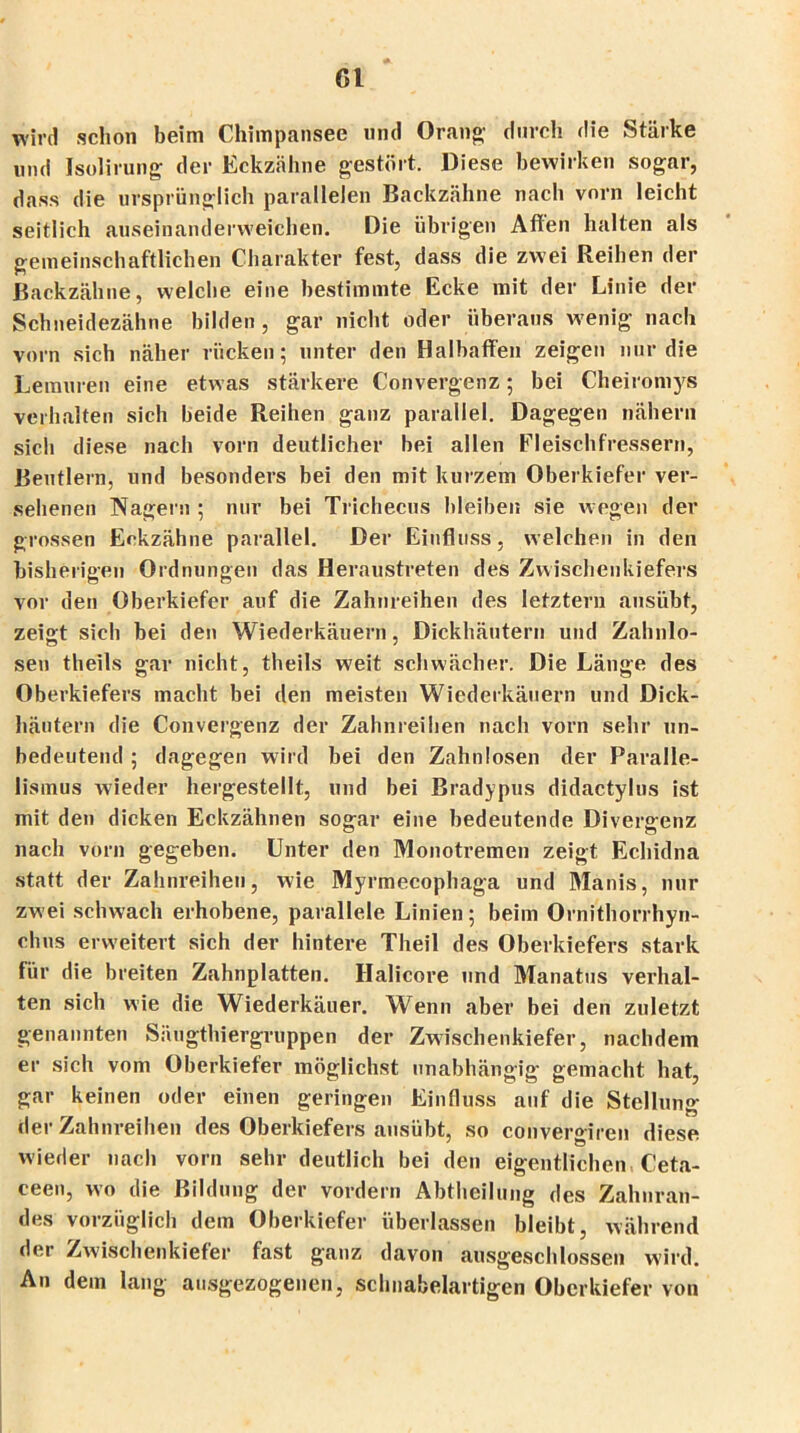 CI wird schon beim Chimpansee und Orang durch die Stärke und Isolirung der Eckzähne gestört. Diese bewirken sogar, dass die ursprünglich parallelen Backzähne nach vorn leicht seitlich auseinanderweichen. Die übrigen Affen halten als gemeinschaftlichen Charakter fest, dass die zwei Reihen der Backzähne, welche eine bestimmte Ecke mit der Linie der Schneidezähne bilden, gar nicht oder überaus wenig nach vorn sich näher rücken; unter den Halbaffen zeigen nur die Lemuren eine etwas stärkere Convergenz; bei Cheiromy^s verhalten sich beide Reihen ganz parallel. Dagegen nähern sich diese nach vorn deutlicher bei allen Fleischfressern, Beutlern, und besonders bei den mit kurzem Oberkiefer ver- sehenen Nagern ; nur bei Trichecus bleiben sie wegen der grossen Eckzähne parallel. Der Einfluss, welchen in den bisherigen Ordnungen das Heraustreten des Zwischenkiefers vor den Oberkiefer auf die Zahnreihen des letztem ansübt, zeigt sich bei den Wiederkäuern, Dickhäutern und Zahnlo- sen theils gar nicht, theils weit schwächer. Die Länge des Oberkiefers macht bei den meisten Wiederkäuern und Dick- häutern die Convergenz der Zahnreihen nach vorn sehr un- bedeutend ; dagegen wird bei den Zahnlosen der Paralle- lismus wieder hergestellt, und bei Bradypus didactylus ist mit den dicken Eckzähnen sogar eine bedeutende Divergenz nach vorn gegeben. Unter den Monotremen zeigt Echidna statt der Zahnreiheu, wie Myrmecophaga und Manis, nur zwei schwach erhobene, parallele Linien; beim Ornithorrhyn- chus erweitert sich der hintere Theil des Oberkiefers stark für die breiten Zahnplatten. Halicore und Manatus verhal- ten sich wie die Wiederkäuer. Wenn aber bei den zuletzt genannten Säugthiergruppen der Zwischenkiefer, nachdem er sich vom Oberkiefer möglichst unabhängig gemacht hat, gar keinen oder einen geringen Einfluss auf die Stellung der Zahnreihen des Oberkiefers ausübt, so convergiren diese wieder nach vorn sehr deutlich bei den eigentlichen Ceta- ceen, wo die Bildung der vordem Abtheilung des Zahnran- des vorzüglich dem Oberkiefer überlassen bleibt, während der Zwischenkiefer fast ganz davon ausgeschlossen wird. An dem lang ausgezogenen, schnabelartigen Oberkiefer von