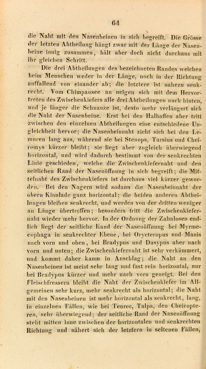 G4 die Naht mit den Nasenbeinen in sich begreift. Die Grosse der letzten Abtheilung hängt zwar mit der Länge der Nasen- beine innig zusammen, hält aber doch nicht durchaus mit ihr gleichen Schritt. Die drei Abteilungen des bezeichneten Randes weichen beim Menschen weder in der Länge, noch in der Richtung auffallend von einander ab; die letztere ist nahezu senk- recht. Vom Chimpansee an neigen sich mit dein Hervor- treten des Zwisehenkiefers alle drei Abtheilungen nach hinten, und je länger die Schnauze ist, desto mehr verlängert sich die Naht der Nasenbeine. Erst bei den Halbaffen aber tritt zwischen den einzelnen Abtheilungen eine entschiedene Un- gleichheit hervor; die Nasenbeinnaht zieht sich bei den Le- muren lang aus, während sie bei Stenops, Tarsius und Chei- romys kürzer bleibt; sie liegt aber zugleich überwiegend horizontal, und wird dadurch bestimmt von der senkrechten Linie geschieden, welche die Zwischenkiefernaht und den seitlichen Rand der Nasenöffnung in sich begreift; die Mit- telnaht des Zwischenkiefers ist durchaus viel kürzer gewor- den. Bei den Nagern wird sodann die Nasenbeinnaht der obern Kinnlade ganz horizontal; die beiden anderen Abthei- lungen bleiben senkrecht, und werden von der dritten weniger an Länge übertroffen; besonders tritt die Zwischenkiefer- naht wieder mehr hervor. In der Ordnung der Zahnlosen end- lich liegt der seitliche Rand der Nasenöffnung bei Myrme- cophaga in senkrechter Ebene, bei Orycteropus und Manis nach vorn und oben, bei ßradypus und Dasypus aber nach vorn und unten; die Zwischenkiefernaht ist sehr verkümmert, und kommt daher kaum in Anschlag; die Naht an den Nasenbeinen ist meist sehr lang und fast rein horizontal, nur bei Bradypus kürzer und mehr nach vorn geneigt. Bei den Fleischfressern bleibt die Naht der Zwischenkiefer im All- gemeinen sehr kurz, mehr senkrecht als horizontal; die Naht mit den Nasenbeinen ist mehr horizontal als senkrecht, lang, in einzelnen Fällen, wie bei Tenrec, Talpa, den Cheiropte- ren, sehr überwiegend; der seitliche Rand der Nasenöffnung steht mitten inne zwischen der horizontalen und senkrechten Richtung und nähert sich der letztem in seltenen Fällen,