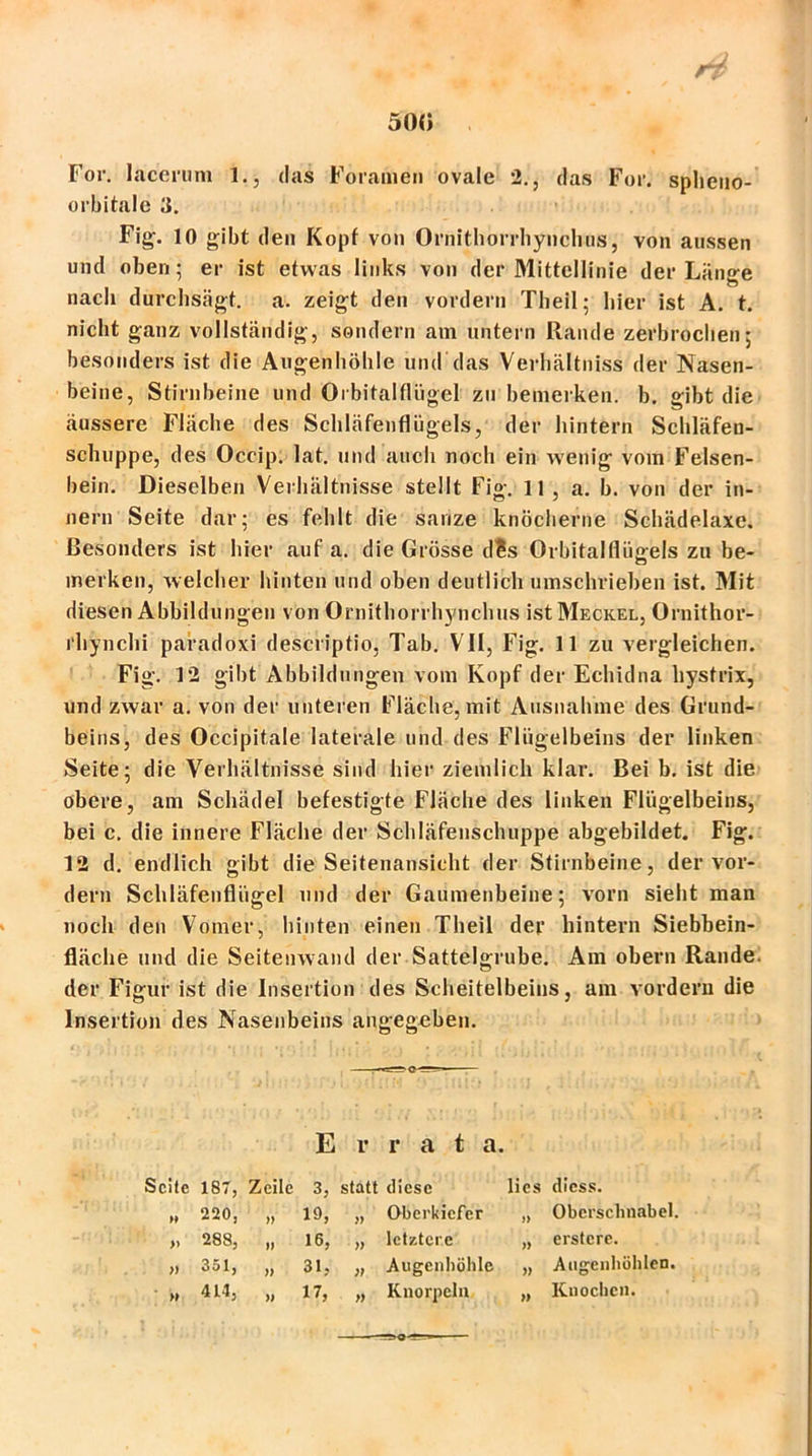 50« For. laccrum 1., das Foramen ovale 2., das For. spheuo- orbitale 3. Fig. 10 gibt den Kopf von Ornithorrhynchus, von aussen und oben 5 er ist etwas links von der Mittellinie der Länge nach durchsägt. a. zeigt den vordem Tlieil; hier ist A. t. nicht ganz vollständig, sondern am untern Rande zerbrochen; besonders ist die Augenhöhle und das Verhältniss der Nasen- beine, Stirnbeine und Orbitalflügel zu bemerken, b. gibt die äussere Fläche des Schläfenflügels, der hintern Schläfen- schuppe, des Occip. lat. und auch noch ein wenig vom Felsen- bein. Dieselben Verhältnisse stellt Fi»'. 11 , a. b. von der in- nern Seite dar; es fehlt die sarize knöcherne Schädelaxe. Besonders ist hier auf a. die Grösse dis Orbitalflügels zu be- merken, welcher hinten und oben deutlich umschrieben ist. Mit diesen Abbildungen von Ornithorrhynchus ist Meckel, Ornithor- i'hynchi paradoxi descriptio, Tab. VII, Fig. 11 zu vergleichen. Fig. 12 gibt Abbildungen vom Kopf der Echidna hystrix, und zwar a. von der unteren Fläche, mit Ausnahme des Grund- beins, des Occipitale laterale und des Flügelbeins der linken Seite; die Verhältnisse sind hier ziemlich klar. Bei b. ist die obere, am Schädel befestigte Fläche des linken Flügelbeins, bei c. die innere Fläche der Schläfenschuppe abgebildet. Fig. 12 d. endlich gibt die Seitenansicht der Stirnbeine, der vor- dem Schläfenflügel und der Gaumenbeine; vorn sieht man noch den Vomer, hinten einen Tlieil der hintern Siebbein- fläche und die Seitenwand der Sattelgrube. Am obern Rande, der Figur ist die Insertion des Scheitelbeins, am vordem die Insertion des Nasenbeins angegeben. Errata. Seite 187, Zeile 3, statt diese lies dicss. M 220, » 19, )) Oberkiefer » Obcrschnabel. » 288, ii 16, » letztere » erstcre. » 351, » 31, Augenhöhle » Augenhöhlen. » 414, » 17, » Knorpeln » Knochen.