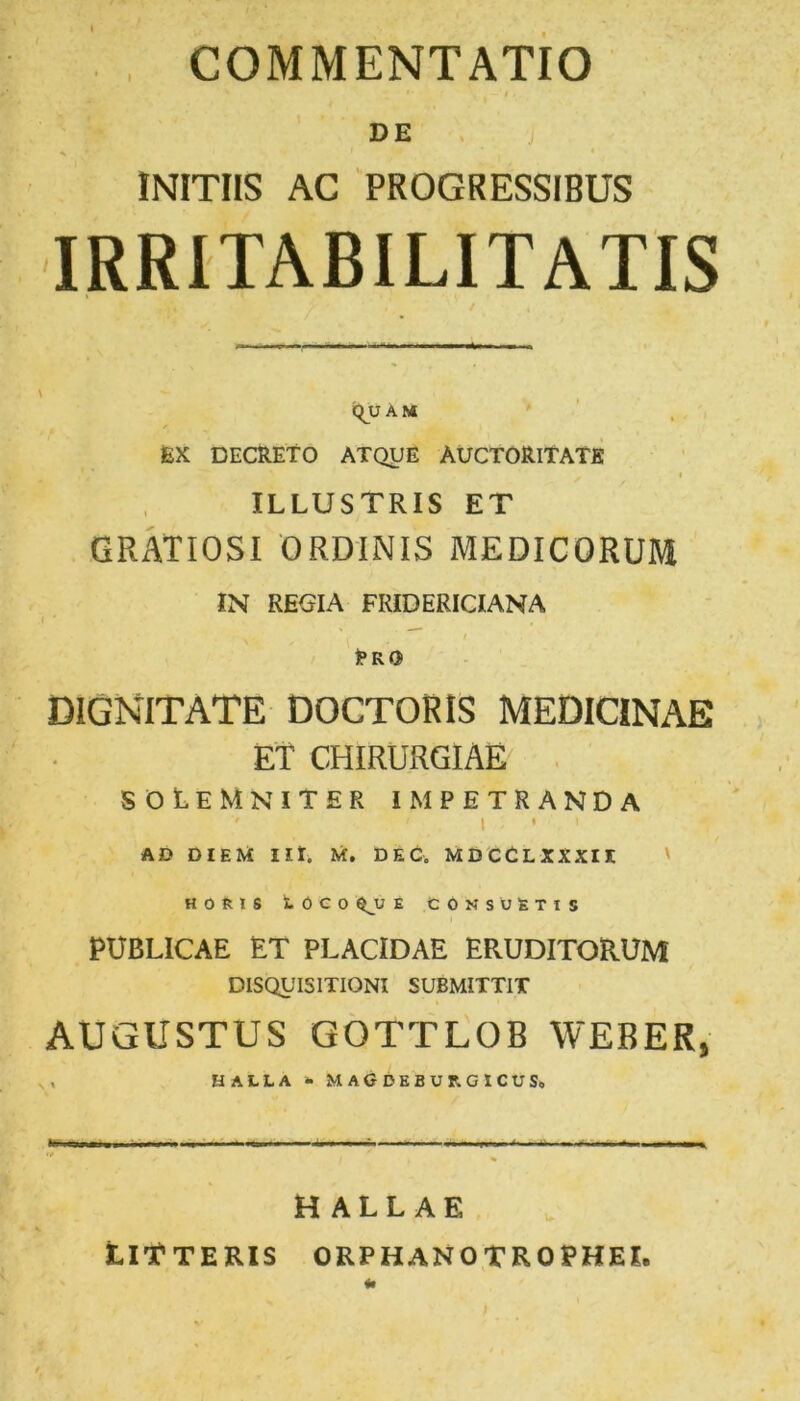 COMMENTATIO DE INITIIS AC PROGRESSIBUS IRRITABILITATIS qu Am JBX DECRETO ATQUE AUCTORITATE i ILLUSTRIS ET GRATIOSI ORDINIS MEDICORUM IN REGIA FRIDERICIANA / )?R0 DIGNITATE DOCTORIS MEDICINAE ET CHIRURGIAE SOLEMNITER IMPETRANDA ' I ; • • AD DIEM 111. M. DEC. MDCCLXXXIX HOftIS J.0CO QJJ E CONSO feTI S PUBLICAE ET PLACIDAE ERUDITORUM DISQUISITIONI SUBMITTIT AUGUSTUS GOTTLOB WEBER, , RALLA * MAGDEBUF.GICUSt ~~ m - » -i- HALLAE LITTERIS ORPHANOTROPHEI.