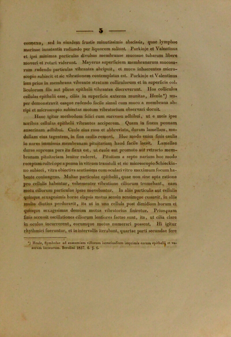 connexo, sed in eiusdem frustis minutissimis abscissis, quae lymphae marinae innatantia radiando per liquorem saliunt. Purkinje et Valenlinus et ipsi minimas particulas divulsas membranae mucosae tubarum libere moveri et rotari viderunt Mayerus superficiem membxanarum mucosa- rum radendo particulas vibrantes abripuit, et muco inhaerentes micro- scopio subiecit et sic vibrationem contemplatus est. Purkinje et Valentinus iam prius in membrana vibrante stratum colliculorum et in supeidicie coi- liculoi*um fila aut plicas epithelii vibrantes discreverunt. Hos colliculos cellulas epithelii esse, cibis in superficie extex-na munitas, Henle*) nu- per demonstravit easque radendo facile simul cum muco a membrana ab- ripi et microscopio subiectas motum vibratoriuin observari docuit. Hanc igitur methodum felici cum successu adhibui, ut e meis ipse naribus cellulas epithelii vibrantes acciperem. Quem in finem pennam anserinam adhibui. Caule eius raso et abhreviato, duram lamellam, me- dullam eius tegentem, in fine caulis removi, IIoc modo enim finis caubs in nares immissus membranam pituitariam haud facile laesit. Lamellae durae suprema pars ita flexa est, ut caule aut promoto aut retracto mem- branam pituitariam leuiter raderet. Pituitam a septo narium hoc modo receptam cultri ope a penna in vitrum transtuli et sic microscopio Scliieckia- 110 subieci, vitra obiectiva acutissima cum oculari vitro maximum focum ha- bente coniungqus. Multae particulae epilhefii, quae non sine apia ratione pro cellulis habentur, vehementer vibratione ciliorum tremebant, nam motu ciliorum particulae ipsae movebantur. In abis particulis aut cellulis quinque sexagesimis horae elapsis motus sensiu sensimque cessavit, in aliis mullo diutius perduravit, ita ut in una cellula post dimidiam horam et quinque sexagesimas demum motus vibratorius finiretur. Priusquam linis accessit oscillationes ciborum lentiores factae sunt, ita, ut cilia clare in oculos incurrerent, eorumque motus numerari possent. Hi igitur rhythmici fueruntur, et in intervallis iterabant, quartae parti secundae fere *) JIeule, Svmbolae ad anaiomiarn villorum inteaiinalium imprimis eorum epitheli^ et va- sorum lacteorum. Beroliui 1837. 4. $• G-