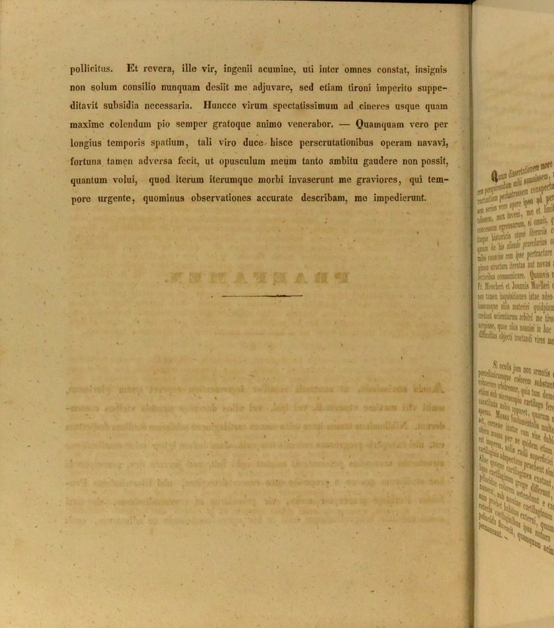 pollicitus. Et revera, ille vir, ingenii acumine, uti inter omnes constat, insignis non solum consilio nunquam desiit me adjuvare, sed etiam tironi imperito suppe- ditavit subsidia necessaria. Iluncce virum spectatissimum ad cineres usque quam maxime colendum pio semper gratoque animo venerabor. — Quamquam vero per longius temporis spatium, tali viro duce^ hisce perscrutationibus operam navavi, V fortuna tamen adversa fecit, ut opusculum meum tanto ambitu gaudere non possit, \ quantum volui, quod iterum iterumque morbi invaserunt me graviores, qui tem- pore urgente, quominus observationes accurate describam, me impedierunt. ffj |i ■ : ) ' * - . « \ -IS > * ■ . ! • ' r * ‘r ‘ i i1.. • , v - i : Avm.(v 1! * e.i.l 1 j»H \ , t*U» - . i r. ,1»; fwl ' 1 senos vero op^‘reliij - inveni. i ialisse®. «i oau/ia. <1 r:: a. fc ** * Llinwto tBM structura iteratas aut novas i jfctoribus coramunicare. Quamvis i Fr. faberi et Joannis Meti ( non tamen inquisitiones istae adeo que alus materiei quidpis I credant scientiarum arbitri me tiroi Sisse, quae alias nonnisi in iac Jeu, )D% Uni'1? ^ !*,, >> i*