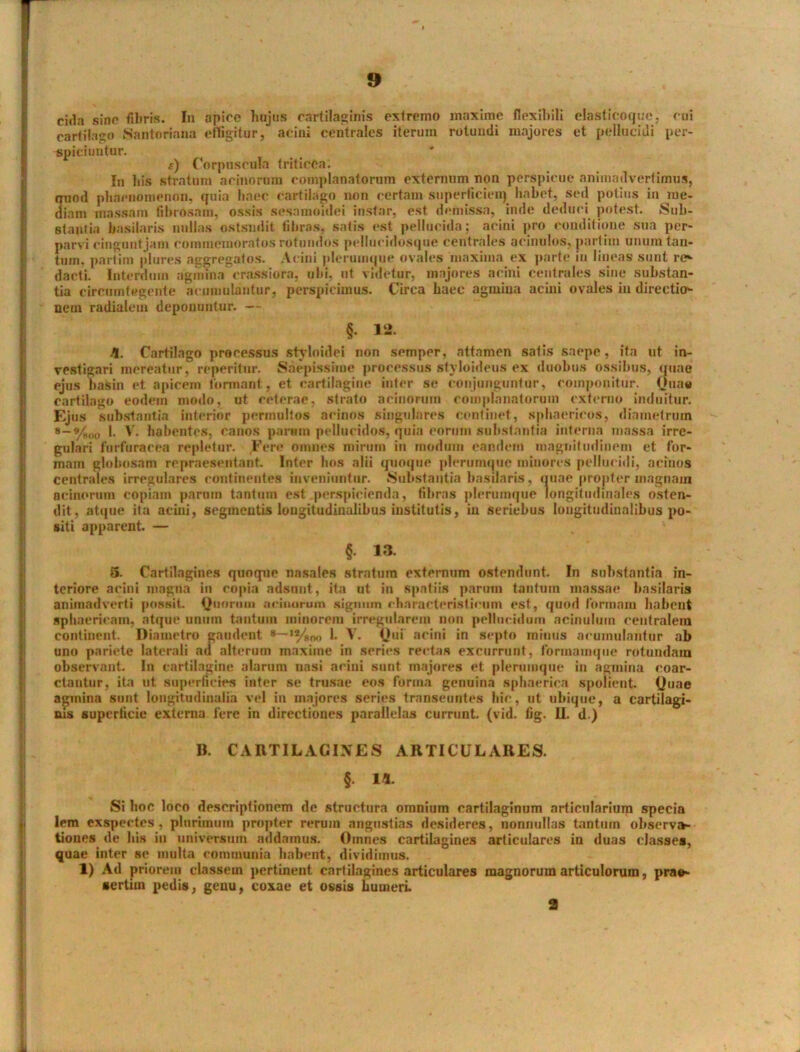 eida sine fibris. In apice hujus cartilaginis extremo maxime flexibili elasticoque, cui cartilago Santoriana effigitur, acini centrales iterum rotundi majores et pellucidi per- spiciuntur. *) Corpuscula triticea. In his stratum acinorum complanatorum externum non perspicue animadvertimus, rniod phaenomenon, quia haec cartilago non certam superficieii) habet, sed potius in me- diam massam fibrosam, ossis sesamoidei instar, est demissa, inde deduci potest. Sub- stantia basilaris nullas ostsndit fibras, satis est pellucida; acini pro conditione sua per- parvi cingunt jam commemoratos rotundos pellucidosque centrales acinulos, partim unum tan- tum, partim plures aggregatos. Acini plerumque ovales maxima ex parte io lineas sunt re- dacti. Interdum agmina crassiora, ubi, ut videtur, majores acini centrales sine substan- tia circumtegente acumulantur, perspicimus. Circa haec agmina aciui ovales in directio- nem radialem deponuntur. — §. 12. 4. Cartilago processus styloidei non semper, attamen satis saepe, ita ut in- vestigari mereatur, reperitnr. Saepissime processus styloideus ex duobus ossibus, quae ejus basin et apicem formant, et cartilagine inter se conjunguntur, componitur. Quau cartilago eodem modo, ut ceterae, strato acinorum complanatorum externo induitur. Ejus substantia interior permultos acinos singulares continet, sphaericos, diametrum 8-%oo 1- V. habentes, canos param pellucidos, quia eorum substantia interna massa irre- gulari furfuracea repletur. Fere omnes mirum iu modum eandem magnitudinem et for- mam globosam repraesentant. Inter hos alii qnoqne plerumque minores pellucidi, acinos centrales irregulares continentes inveniuntur. Substantia basilaris, quae propter magnam acinorum copiam parum tantum est perspicienda, fibras plerumque longitudinales osten- dit, atque ita acini, segmentis longitudinalibus institutis, in seriebus longitudinalibus po- siti apparent. — § 13. 5. Cartilagines quoque nasales stratum externum ostendunt. In substantia in- teriore acini magna in copia adsunt, ita ut in spatiis parum tantum massae basilaris animadverti possit Quorum acinorum signum characteris!iVum est, quod formam habent sphaericam, atque unum tantum minorem irregularem non pellucidum acinulum centralem continent. Diametro gaudent »—^no 1* V. Qui acini in septo mimis acumulantur ab uno pariete laterali ad alterum maxiine in series rectas excurrunt, formamque rotundam observant. In cartilagine alarum nasi acini sunt majores et plerumque in agmina eoar- ctautur, ita ut superficies inter se trusae eos forma genuina sphaerica spolient. Quae agmina sunt longitudinalia vel in majores series transeuntes hic, ut ubique, a cartilagi- nis superficie externa fere in directiones parallelas currunt, (vid. fig. 11. d.) B. CARTILAGINES ARTICULARES. §. 14. Si hoc loco descriptionem de structura omnium cartilaginum articularium specia lem exspectes, plurimum propter rerum angustias desideres, nonnullas tantum observa- tiones de his in universum addamus. Omnes cartilagines articulares in duas classes, quae inter se mulla communia habent, dividimus. 1) Ad priorem classem pertinent cartilagines articulares magnorum articulorum, prae- sertim pedis, genu, coxae et ossis humeri. 2