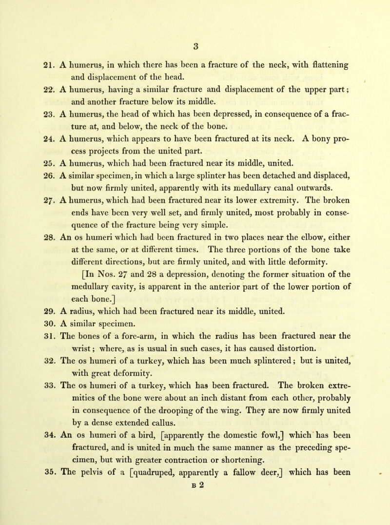 21. A humerus, in which there has been a fracture of the neck, with flattening and displacement of the head. 22. A humerus, having a similar fracture and displacement of the upper part; and another fracture below its middle. 23. A humerus, the head of which has been depressed, in consequence of a frac- ture at, and below, the neck of the bone. 24. A humerus, which appears to have been fractured at its neck. A bony pro- cess projects from the united part. 25. A humerus, which had been fractured near its middle, united. 26. A similar specimen, in which a large splinter has been detached and displaced, but now firmly united, apparently with its medullary canal outwards. 27. A humerus, which had been fractured near its lower extremity. The broken ends have been very well set, and firmly united, most probably in conse- quence of the fracture being very simple. 28. An os humeri which had been fractured in two places near the elbow, either at the same, or at different times. The three portions of the bone take different directions, but are firmly united, and with little deformity. [In Nos. 27 and 28 a depression, denoting the former situation of the medullary cavity, is apparent in the anterior part of the lower portion of each bone.] 29. A radius, which had been fractured near its middle, united. 30. A similar specimen. 31. The bones of a fore-arm, in which the radius has been fractured near the wrist; where, as is usual in such cases, it has caused distortion. 32. The os humeri of a turkey, which has been much splintered; but is united, with great deformity. 33. The os humeri of a turkey, which has been fractured. The broken extre- mities of the bone were about an inch distant from each other, probably in consequence of the drooping of the wing. They are now firmly united by a dense extended callus. 34. An os humeri of a bird, [apparently the domestic fowl,] which has been fractured, and is united in much the same manner as the preceding spe- cimen, but with greater contraction or shortening. 35. The pelvis of a [quadruped, apparently a fallow deer,] which has been B 2