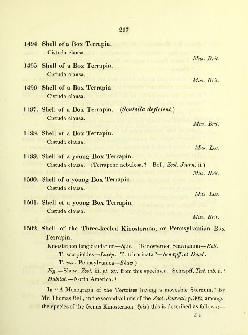 1494. Shell of a Box Terrapin. Cistuda clausa. 1495. Shell of a Box Terrapin. Cistuda clausa. 1496. Shell of a Box Terrapin. Cistuda clausa. Mus. Brit. Mus. Brit. 1497. Shell of a Box Terrapin. {Scutella deficient^ Cistuda clausa. Mus. Brit. 1498. Shell of a Box Terrapin. Cistuda clausa. Mus. Ltv. 1499. Shell of a young Box Terrapin. Cistuda clausa. (Terrapene nebulosa.? Bell, Zool. Journ. ii.) Mus. Brit. 1500. Shell of a young Box Terrapin. Cistuda clausa. Mus. Lev. 1501. Shell of a young Box Terrapin. Cistuda clausa. Mus. Brit. 1502. Shell of the Three-keeled Kinosternon, or Pennsylvanian Box Terrapin. Kinosternon longicaudatum—Spiv. (Kinosternon Shavianum—Bell. T. scorpioides—Lacep: T. tricarinata ?—Schcepff.et Baud: T. var. Pennsylvanica—Shaw.) Fig.—Shaw, Zool. ni.pl. xv. from this specimen. Schoepff, Te.??. ii.? Habitat.—North America. ? In “A Monograph of the Tortoises having a moveable Sternum,” by Mr. Thomas Bell, in the second volume of the Zool. Journal, p. 302, amongst the species of the Genus Kinosternon (Spiai) this is described as follows:— 2 F