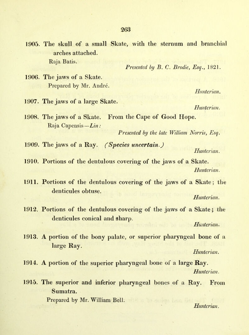 1905. The skull of a small Skate, with the sternum and branchial arches attached. Raja Batis. 1906. The jaws of a Skate. Prepared by Mr. Andre. Presented by B. C. Brodie, Esq., 1821. Hunterian. 1907. The jaws of a large Skate. Hunterian. I 1908. The jaws of a Skate. From the Cape of Good Hope. Raja Capensis—Lin: Presented by the late William Norris, Esq. 1909. The jaws of a Ray. (Species uncertain.) Hunterian. 1910. Portions of the dentulous covering of the jaws of a Skate. Hunterian. 1911. Portions of the dentulous covering of the jaws of a Skate; the denticules obtuse. Hunterian. 1912. Portions of the dentulous covering of the jaws of a Skate; the denticules conical and sharp, Hunterian. 1913. A portion of the bony palate, or superior pharyngeal bone of a large Ray. Hunterian. 1914. A portion of the superior pharyngeal bone of a large Ray. Hunterian. 1915. The superior and inferior pharyngeal bones of a Ray. From Sumatra. Prepared by Mr. William Bell.