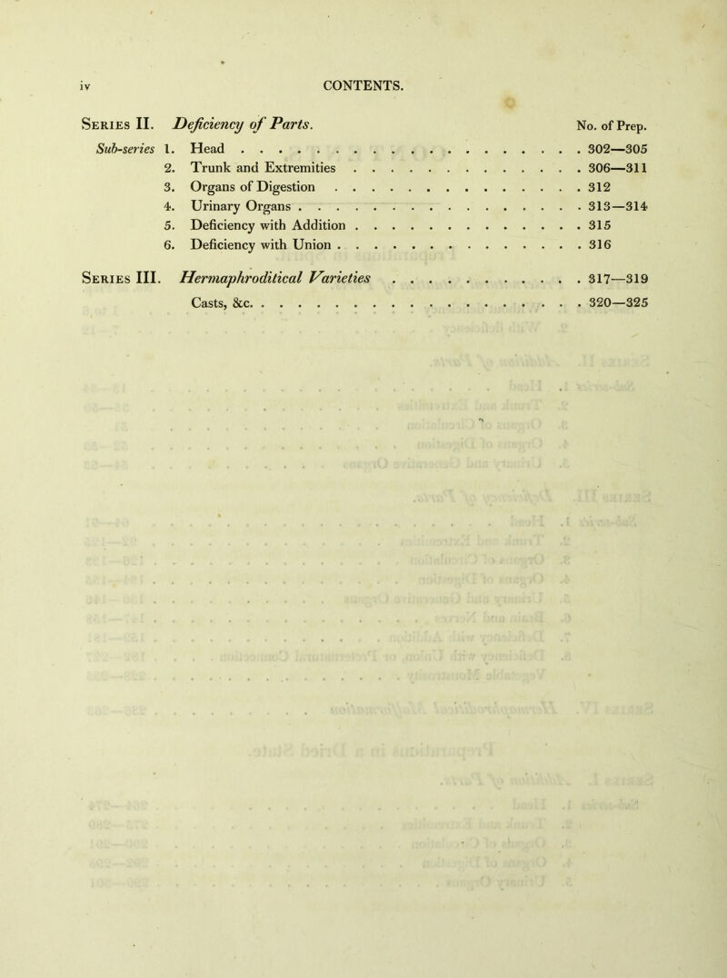 Series II. Sub-series Deficiency of Parts. No. of Prep. 1. Head 302—305 2. Trunk and Extremities 306—311 3. Organs of Digestion 312 4. Urinary Organs 313—314- 5. Deficiency with Addition 315 6. Deficiency with Union 316 Series III. Hermaphroditical Varieties Casts, &c 317—319 320—325