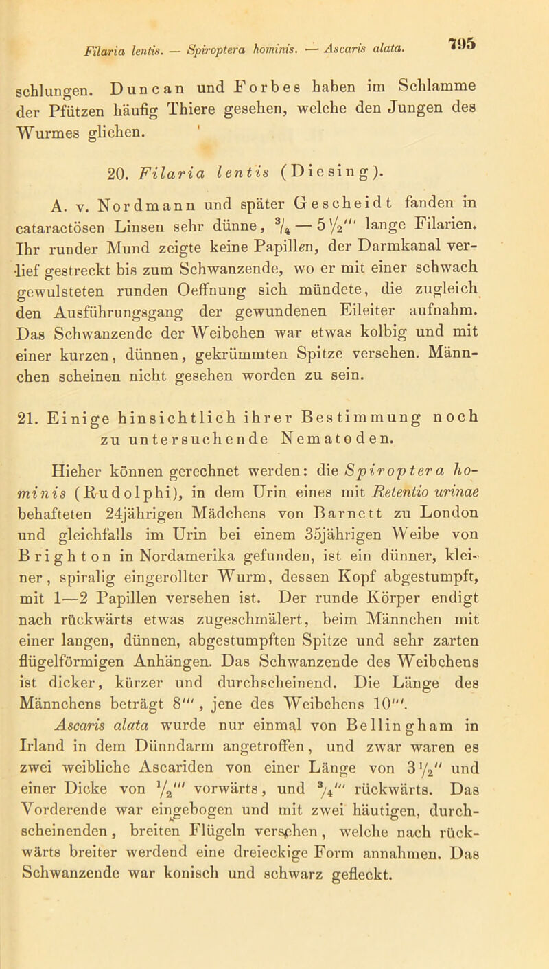 Filaria lentis. — Spiroptera hominis. — Ascaris alata. schlungen. Dune an und Forbes haben im Schlamme der Pfützen häufig Thiere gesehen, welche den Jungen des Wurmes glichen. 20.Filaria lentis (Diesing). A. v. Nord mann und später Gescheidt fanden in cataractösen Linsen sehr dünne, 3/4 — lange Filarien. Ihr runder Mund zeigte keine Papillen, der Darmkanal ver- lief gestreckt bis zum Schwanzende, wo er mit einer schwach gewulsteten runden Oeffnung sich mündete, die zugleich den Ausführungsgang der gewundenen Eileiter aufnahm. Das Schwanzende der Weibchen war etwas kolbig und mit einer kurzen, dünnen, gekrümmten Spitze versehen. Männ- chen scheinen nicht gesehen worden zu sein. 21. Einige hinsichtlich ihrer Bestimmung noch zu untersuchende Nematoden. Hieher können gerechnet werden: die Spiroptera ho- minis (Rudolphi), in dem Urin eines mit Retentio urinae behafteten 24jährigen Mädchens von Barnett zu London und gleichfalls im Urin bei einem 35jährigen Weibe von Brighton in Nordamerika gefunden, ist ein dünner, klei- ner, spiralig eingerollter Wurm, dessen Kopf abgestumpft, mit 1—2 Papillen versehen ist. Der runde Körper endigt nach rückwärts etwas zugeschmälert, beim Männchen mit einer langen, dünnen, abgestumpften Spitze und sehr zarten flügelförmigen Anhängen. Das Schwanzende des Weibchens ist dicker, kürzer und durchscheinend. Die Länge des Männchens beträgt 8', jene des Weibchens 10'. Ascaris alata wurde nur einmal von Bellin gham in Irland in dem Dünndarm angetroffen, und zwar waren es zwei weibliche Ascariden von einer Länge von 3l/2“ und einer Dicke von 1/2‘ vorwärts, und rückwärts. Das Vorderende war eingebogen und mit zwei häutigen, durch- scheinenden , breiten Flügeln versahen, welche nach rück- wärts breiter werdend eine dreieckige Form annahmen. Das Schwanzende war konisch und schwarz gefleckt.