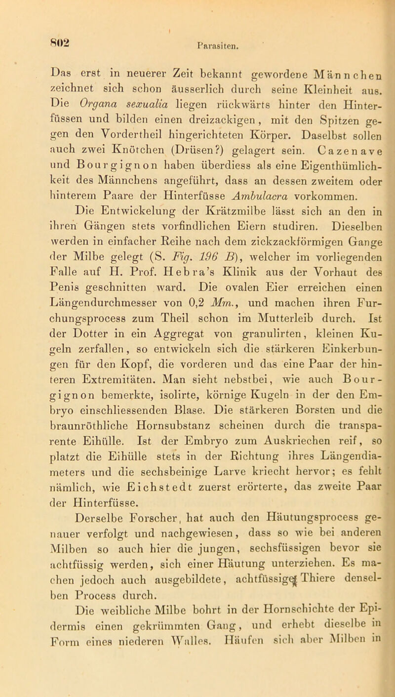 Das erst in neuerer Zeit bekannt gewordene Männchen zeichnet sich schon äusserlich durch seine Kleinheit aus. Die Organa sexualia liegen rückwärts hinter den Hinter- fiissen und bilden einen dreizackigen , mit den Spitzen ge- gen den Vordertheil hingerichteten Körper. Daselbst sollen auch zwei Knötchen (Drüsen?) gelagert sein. Gazen ave und Bourgignon haben überdiess als eine Eigenthümlich- keit des Männchens angeführt, dass an dessen zweitem oder hinterem Paare der Hinterfüsse Ambulacra Vorkommen. Die Entwickelung der Krätzmilbe lässt sich an den in ihren Gängen stets vorfindlichen Eiern studiren. Dieselben werden in einfacher Reihe nach dem zickzackförmigen Gange der Milbe gelegt (S. Fig. 196 B), welcher im vorliegenden Falle auf H. Prof. Hebra’s Klinik aus der Vorhaut des Penis geschnitten ward. Die ovalen Eier erreichen einen Längendurchmesser von 0,2 Mm., und machen ihren Fur- chungsprocess zum Theil schon im Mutterleib durch. Ist der Dotter in ein Aggregat von granulirten, kleinen Ku- geln zerfallen, so entwickeln sich die stärkeren Einkerbun- gen für den Kopf, die vorderen und das eine Paar der hin- teren Extremitäten. Man sieht nebstbei, wie auch Bour- gignon bemerkte, isolirte, körnige Kugeln in der den Em- bryo einschliessenden Blase. Die stärkeren Borsten und die braunröthliche Hornsubstanz scheinen durch die transpa- rente Eihülle. Ist der Embryo zum Auskriechen reif, so platzt die Eihülle stets in der Richtung ihres Längendia- meters und die sechsbeinige Larve kriecht hervor; es fehlt nämlich, wie Eichstedt zuerst erörterte, das zweite Paar der Hinterfüsse. Derselbe Forscher, hat auch den Häutungsprocess ge- nauer verfolgt und nachgewiesen, dass so wie bei anderen Milben so auch hier die jungen, sechsfüssigen bevor sie achtfüssig werden, sich einer Häutung unterziehen. Es ma- chen jedoch auch ausgebildete, achtfüssig^. Ihiere densel- ben Process durch. Die weibliche Milbe bohrt in der Hornschichte der Epi- dermis einen gekrümmten Gang, und erhebt dieselbe in Form eines niederen Walles. Häufen sich aber Milben in