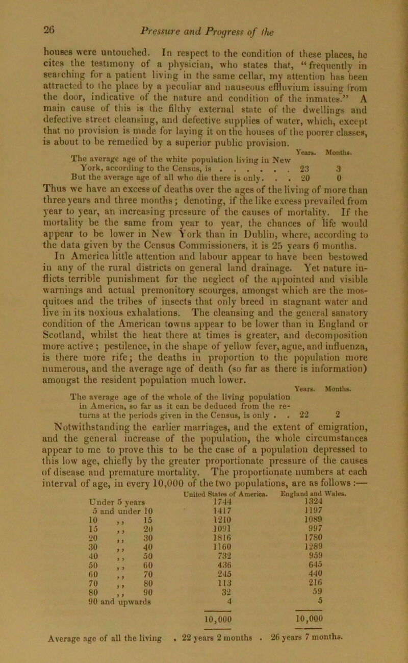 houses were untouched. In respect to the condition of these places, fie cites the testimony of a physician, who states that, “frequently in seaiching for a patient living in the same cellar, my attention has been attracted to the place by a peculiar and nauseous effluvium issuing from the door, indicative of the nature and condition of the inmates.” A main cause of this is the filthy external state of the dwellings and defective street cleansing, and defective supplies of water, which, except that no provision is made for laying it on the houses of the poorer classes, is about to be remedied by a superior public provision. Years. Mouths. The average age of the white population living in New York, according to the Census, is 23 3 But the average age of all who die there is only. . . 20 0 Thus we have an excess of deaths over the ages of the living of more than three years and three months; denoting, if the like excess prevailed from year to year, an increasing pressure of the causes of mortality. If the mortality be the same from year to year, the chances of life would appear to be lower in New York than in Dublin, where, according to the data given by the Census Commissioners, it is 25 years 6 months. In America little attention and labour appear to have been bestowed in any of the rural districts on general land drainage. Yet nature in- flicts terrible punishment for the neglect of the appointed and visible warnings and actual premonitory scourges, amongst which are the mos- quitoes and the tribes of insects that only breed in stagnant water and live in its noxious exhalations. The cleansing and the general sanatory condition of the American towns appear to be lower than in England or Scotland, whilst the heat there at times is greater, and decomposition more active ; pestilence, in the shape of yellow' fever, ague, and influenza, is there more rife; the deaths in proportion to the population more numerous, and the average age of death (so far as there is information) amongst the resident population much lower. Years. Months. The average age of the whole of the living population in America, so far as it can be deduced from the re- turns at the periods given in the Census, is only . . 22 2 Notwithstanding the earlier marriages, and the extent of emigration, and the general increase of the population, the whole circumstances appear to me to prove this to be the case of a population depressed to this low age, chiefly by the greater proportionate pressure of the causes of disease and premature mortality. The proportionate numbers at each interval of age, in every 10,000 of the two populations, are as follows :— United States of America. England and Wales U nder 5 years 1744 1324 5 and under 10 1417 1197 10 15 1210 1089 15 20 1091 997 20 30 1816 1780 30 40 1160 1289 40 50 732 959 50 60 436 645 60 70 245 440 70 80 113 216 80 90 32 59 90 and upwards 4 5 10,000 10,000 Average age of all the living . 22 years 2 months . 26 years 7 months.