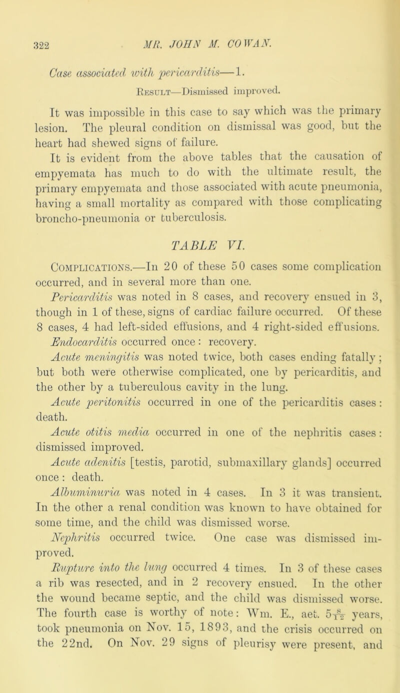 Case associated with pericarditis—1. Result—Dismissed improved. It was impossible in this case to say which was the primary lesion. The pleural condition on dismissal was good, but the heart had shewed signs ot' failure. It is evident from the above tables that the causation ot empyemata has much to do with the ultimate result, the primary empyemata and those associated with acute pneumonia, having a small mortality as compared with those complicating broncho-pneumonia or tuberculosis. TABLE VI. Complications.—In 20 of these 50 cases some complication occurred, and in several more than one. Pericarditis was noted in 8 cases, and recovery ensued in 3, though in 1 of these, signs of cardiac failure occurred. Of these 8 cases, 4 had left-sided effusions, and 4 right-sided effusions. Endocarditis occurred once : recovery. Acute meningitis was noted twice, both cases ending fatally; but both were otherwise complicated, one by pericarditis, and the other by a tuberculous cavity in the lung. Acute peritonitis occurred in one of the pericarditis cases : death. Acute otitis media occurred in one of the nephritis cases: dismissed improved. Acute adenitis [testis, parotid, submaxillary glands] occurred once : death. Albuminuria was noted in 4 cases. In 3 it was transient. In the other a renal condition was known to have obtained for some time, and the child was dismissed worse. Nephritis occurred twice. One case was dismissed im- proved. Rupture into the lung occurred 4 times. In 3 of these cases a rib was resected, and in 2 recovery ensued. In the other the wound became septic, and the child was dismissed worse. The fourth case is worthy of note: Wm. E., aet. 5T\ years, took pneumonia on Nov. 15, 1893, and the crisis occurred on the 22nd. On Nov. 29 signs of pleurisy were present, and