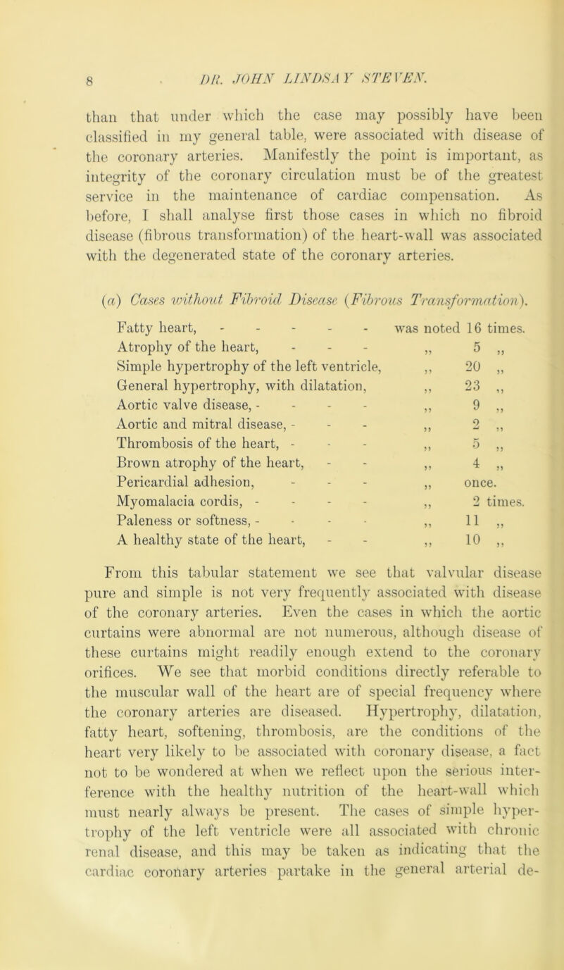 than that under wliich the case may possibly have been classified in my general table, were associated with disease of the coronary arteries. Manifestly the point is important, as integrity of the coronary circulation must be of the greatest service in the maintenance of cardiac compensation. As before, I shall analyse first those cases in which no fibroid disease (fibrous transformation) of the heart-wall was associated with the degenerated .state of the coronary arteries. (a) Cases without Fibroid Disease {Fibrous Transformation). Fatty heart, - - - . . was noted 16 times. Atrophy of the heart, n 5 „ Simple hypertrophy of the left ventricle, n 20 „ General hypertrophy, with dilatation. )) 23 „ Aortic valve disease, - - - - 9 M Aortic and mitral disease, - n 0 51 Thrombosis of the heart, - M b „ Brown atrophy of the heart. 4 „ Pericardial adhesion, 5) once. Myomalacia cordis, - - - - 2 times. Paleness or softness, - - - - 11 „ A healthy state of the heart. ? > 10 „ From this tabular statement we see that valvular disease pure and simple is not very frerpiently associated with disease of the coronary arteries. Even tlie cases in which tlie aortic curtains were abnormal are not numerous, although disease of these curtains might readily enough extend to the coronary orifices. We see that morbid conditions directly referable to the muscular wall of the heart are of special frequency where the coronary arteries are diseased. Hypertrophy, dilatation, fatty heart, softening, thrombosis, are the conditions of tlie heart very likely to be associated with coronary disease, a fact not to be wondered at when we refiect upon the serious inter- ference with the healthy nutrition of the heart-wall which must nearly always be present. The cases of simple hyper- trophy of the left ventricle were all associated with chronic renal disease, and this may be taken as indicating that the cardiac corollary arteries partake in the general arterial de-