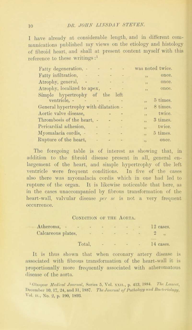 1 have already at considerable length, and in ditlerent com- munications published my views on the etiology and histology of filu-oid heart, and shall at present content myself with this reference to these writings:^ Fatty degeneration, - - - - was noted twice. Fatty infiltration, . - - - 55 once. Atrophy, general, ... - 55 once. Atrophy, localized to apex, 55 once. Simple hypertrophy of the left ventricle, ----- 55 5 times. General hypertrophy with dilatation - 55 8 times. Aortic valve disease. 55 twice. Thrombosis of the heart, - 55 3 times. Pericardial adhesion. 55 twice. IMyomalacia cordis, - - - - 55 5 times. Kupture of the heart. 55 once. The foregoing table is of interest as showing that, in addition to the fibroid disease present in all, general en- largement of the heart, and simple hypertrophy of the left ventricle were frequent conditions. In five of the cases also there was myomalacia cordis which in one had led to rupture of the organ. It is likewise noticeable that here, as in the cases unaccompanied by fibrous transformation of the heart-wall, valvular disease per sc is not a very frequent occurrence. Condition ob’ thb: Aorta. Atheroma, - - - - - - - 12 cases. Calcareous plates, . . . . . 2 ., Total, - - - - 14 cases. It is thus shown that when coronary artery disease is associated with fibrous transformation of the heart-wall it is ])roportionally more freipiently associated with atheromatous disease of the aorta. ^Otasfioio Madlral Journal, Series 5, Vol. xxii., p. 41.S, 1SS4. Thv Lancet, Deoemher 10, 17, 24, andRl, 1887. The Journal of Patlioloijy a)id Bactcrioloijy, Vol. ir., No. 2, p. 100, 189:i.