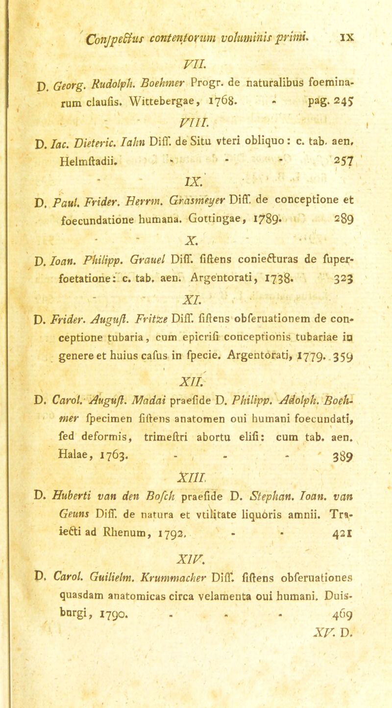 I I VII. D. Georg, Rudolph. Boehmer Progr. de naturalibus foemina- rum claulis. Wittebergae, 1768. - pag. 24J : ' - VIII. D. lac. Dieteric. lalin DilT. de Situ vteri obliquo: c. tab. aen, Helmftadii. - • ^571' IX. ' • ’ ' D. Paul. Frider. Berrm. Grasmeyer Diff. de conceptione et foecundatione humana. Goitingae, 1789* ‘ ' ^89 s/ X. D. loan. Philipp. Grauel Diff. fiftens coniefturas de fuper- foetatioriei c. tab. aen? Argentorati, 1738* ' 323 XI. D. Frider. Augujl. FritZe Diff. fiftens’obferuationem de con- ceptione tubaria, cum epicrifi conceptionis tubariae in genere et huius cafus in fpecie. Argentorati, I779. .359 XII. ' , . s' D. Carol,- Augufl. Wladai praelide D. Philipp. Adolph. Boeh- ' mer fpecimen liltens anatomen oui humani foecundati, 1 fed deformis, trimeftri abortu elifi; cum tab. aen. Halae, 1763. - , . - ' 389 XIIL D. Huberti van den Bofch praefide D. Stephan. loan. van Geuns Diff. de natura et vtilitate liquoris amnii. Tra- iefti ad Rhenum, 1793. - - 421 XIV. D. Carol. Guilielm. Krummacher Diff. fiftens obferuationes quasdam anatomicas circa velamenta oui humani. Duis- bnrgi, 1790. . . - 469 XV. D.