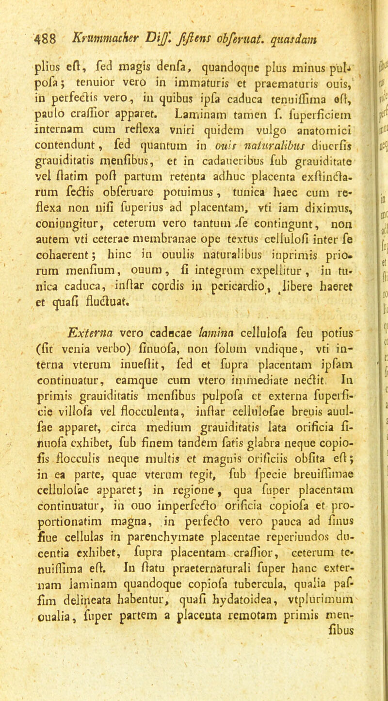 piius efl, fed magis denfa, quandoque plus minus pul^» pofa; tenuior vero in immaturis et praematuris ouis, in perfe<flis vero, ia quibus ipfa caduca tenuiflima off, paulo cralllor apparet. Laminam tamen f. fuperficieni internam cum reflexa vniri quidem vulgo anatomici contendunt, fed quantum in ouis naturalibus diucrfis grauiditatis menfibus, et in cadaiieribus fub grauiditate vel flatim pofl partum retenta adhuc placenta exflin<fla- rum fedis obferuare potuimus, tunica liaec cum re* flexa non nifi fuperius ad placentam, vti iam diximus, coniungitur, ceterum vero tantum .fe contingunt, non autem vti ceterae membranae ope textus celluiofi inter fe cohaerent; hinc in ouulis naturalibus inprimis prio- rum menfium, ouum , li integrum expellitur , in tu- nica caduca, inflar cQrdis in pericardio, ^libere haeret et quafl fluefluat. Externa vero cadneae lamina cellulofa feu potius (fit venia verbo) finuofa, non folum vadique, vti in- terna vterum inueflit, fed et fupra placentam ipfam continuatur, eamque cum vtero immediate nedlit, In primis grauiditatis menfibus pulpofa et externa fupeifi- cie villofa vel flocculenta, inflar cellulofae breuis auul- fae apparet, circa medium grauiditatis lata orificia fi- fuiofa exhibet, fub finem tandem fatis glabra neque copio- lis flocculis neque multis et magnis orificiis obfita efl; in ea parte, quae vterum tegit, fub fpecie breuiflimae cellulofae apparet; in regione, qua fuper placentam continuatur, in ouo imperfccflo orificia copiofa et pro- portionatim magna, in perfetflo vero pauca ad finus flue cellulas in parenchymate placentae reperlundos du- centia exhibet, fupra placentam craflior, ceterum te- nuiflima efl. In flatu praeternaturali fuper hanc exter- nam laminam quandoque copiofa tubercula, qualia paf- fun delineata habentur, quafi hydatoidea, vtplurimum oualia, fuper partem a placenta remotam primis men-