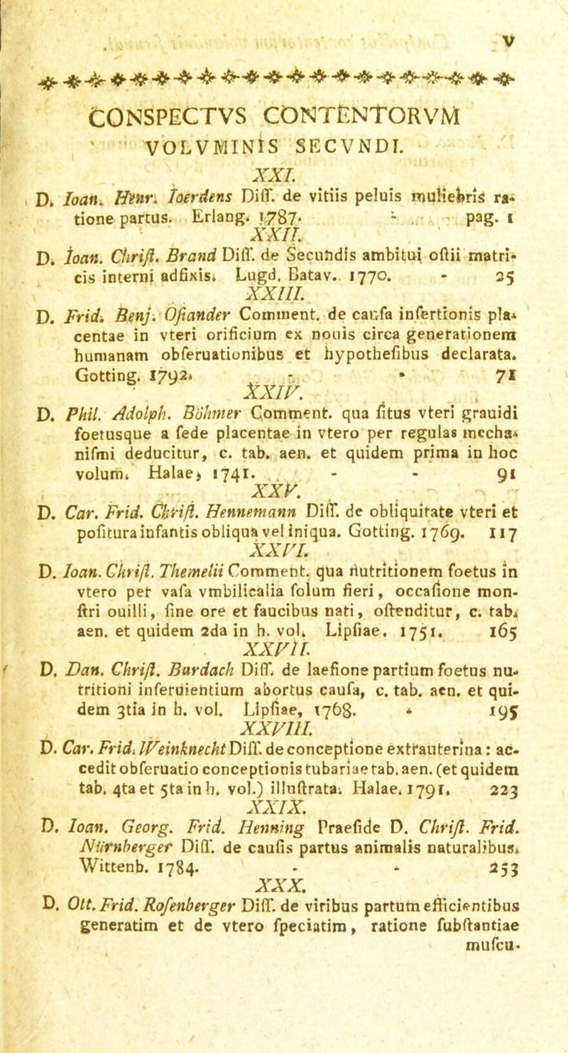 CONSPECTVS CDNTENTORVM VOLVMINIS SECVNDI. XXL D. Ioan. Henr. Toerdens DHT. de vitiis peluis muliebris ra- tione partus. Erlang. 1787- - . pag. 1 XXII D. ioan. Chrijl. Brand Difl. de Secundis ambitui oftii matri- cis interni adfixis* Lugd. Batav. 1770. - 25 v XXIII. D. Fridi Benj. Oftander Comment. de caufa infertionis pia* centae in vteri orificium cx nouis circa generationem humanam obferuationibus et hypothefibus declarata. Gotting. 1792* - » 71 XXIV. . , D. Phil. Adolph. Bohmer Comment qua fitus vteri grauidi foetusque a fede placentae in vtero per regulas mccha- nifmi deducitur, c. tab. aen. et quidem prima in hoc volum* Halaej 1741- ,. - 91 XXV. D. Car. Frid. Chrift. Hennemann Di(T. de obliquitate vteri et politura infantis obliqua vel iniqua. Gotting. 1769. 117 XXVI. D. Ioan. Chrijl. The>nelii Comment. qua riutridonem foetus in vtero pet vafa vmbilicalia folum fieri, occafione mon- ftri ouilli, fine ore et faucibus nati, offenditur, c. tab* aen. et quidem 2da in h. vol. Lipfiae, 1751. 165 XXVII. D. Dan. Chrijl. Burdach Diff. de laefione partium foetus nu- tritioni inferuiendum abortus caufa, c. tab. aen. et qui- dem 3tia in h. vol. Lipfiae, 1768. * 195 XXVIII. D. Car. Fridi IVeinknecht Diff.de conceptione extrauterina: ac- cedit obferuatio conceptionis tubariae tab. aen. (et quidem tab. 4taet 5tainb. vol.) illuftrata; Halae. 1791. 223 XXIX. D. Ioan. Georg. Frid. Ilenning Praefide D. Chrijl. Frid. Niirnhergef Difl'. de caufis partus animalis naturalibus. Wittenb. 1784* ' - 253 XXX. D. Ott.Frid. Rojenberger Diff. de viribus partum efficientibus generadm et de vtero fpeciatim, ratione fubftandae mufcu-