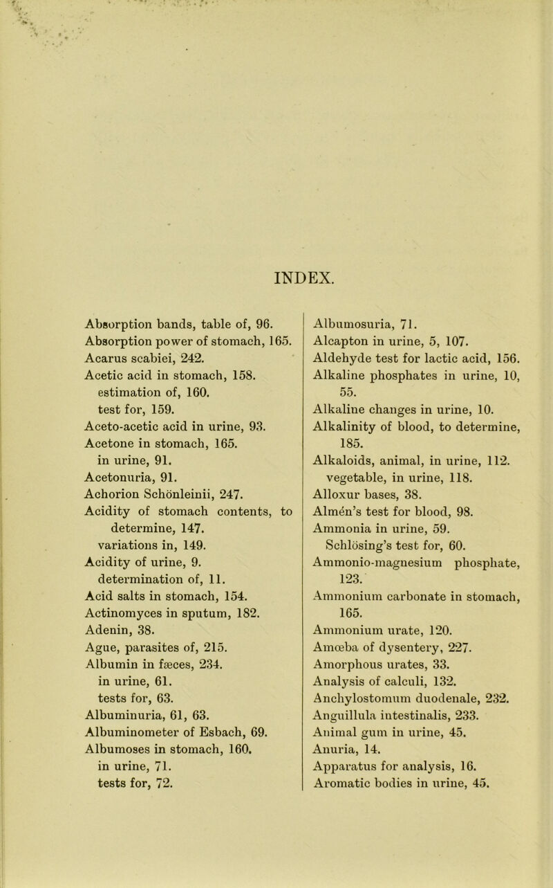 INDEX. Absorption bands, table of, 96. Absorption power of stomach, 165. Acarus scabiei, 242. Acetic acid in stomach, 158. estimation of, 160. test for, 159. Aceto-acetic acid in urine, 93. Acetone in stomach, 165. in urine, 91. Acetonuria, 91. Achorion Schonleinii, 247. Acidity of stomach contents, to determine, 147. variations in, 149. Acidity of urine, 9. determination of, 11. Acid salts in stomach, 154. Actinomyces in sputum, 182. Adenin, 38. Ague, parasites of, 215. Albumin in faeces, 234. in urine, 61. tests for, 63. Albuminuria, 61, 63. Albuminometer of Esbach, 69. Albumoses in stomach, 160. in urine, 71. tests for, 72. Albumosuria, 71. Alcapton in urine, 5, 107. Aldehyde test for lactic acid, 156. Alkaline phosphates in urine, 10, 55. Alkaline changes in urine, 10. Alkalinity of blood, to determine, 185. Alkaloids, animal, in urine, 112. vegetable, in urine, 118. Alloxur bases, 38. Almen’s test for blood, 98. Ammonia in urine, 59. Schlosing’s test for, 60. Ammonio-magnesium phosphate, 123. Ammonium carbonate in stomach, 165. Ammonium urate, 120. Amoeba of dysentery, 227. Amorphous urates, 33. Analysis of calculi, 132. Anchylostomum duodenale, 232. Anguillula intestinalis, 233. Animal gum in urine, 45. Anuria, 14. Apparatus for analysis, 16. Aromatic bodies in urine, 45.