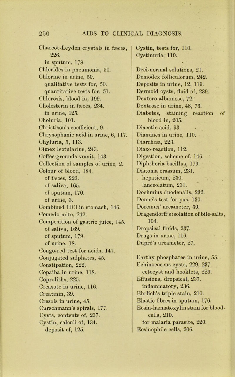 Charcot-Leyden crystals in faeces, 226. in sputum, 178. Chlorides in pneumonia, 50. Chlorine in urine, 50. qualitative tests for, 50. quantitative tests for, 51. Chlorosis, blood in, 199. Chojesterin in Leces, 2.34. in urine, 125. Chohiria, 101. Christison’s coefficient, 9. Chrysophanic acid in urine, 6, 117. Chyluria, 5, 113. Cimex lectularius, 243. Coffee-grounds vomit, 143. Collection of samples of urine, 2. Colour of blood, 184. of faeces, 223. of saliva, 165. of sputum, 170. of urine, 3. Combined HCl in stomach, 146. Comedo-mite, 242. Composition of gastric juice, 145. of saliva, 169. of sputum, 179. of urine, 18. Congo-red test for acids, 147. Conjugated sulphates, 45. Constipation, 222. Copaiba in urine, 118. Coproliths, 225. Creasote in urine, 116. Creatinin, 39. Cresols in urine, 45. Curschmann’s spirals, 177. Cysts, contents of, 237. Cystin, calculi of, 1.34. deposit of, 125. Cystin, tests for, 110. Cystinuria, 110. Deci-normal solutions, 21. Demodex folliculorum, 242. Deposits in urine, 12, 119. Dermoid cysts, fluid of, 2,39. Deutero-albumose, 72. Dextrose in urine, 48, 76. Diabetes, staining reaction of blood in, 205. Diacetic acid, 93. Diamines in urine, 110. Diarrhoea, 223. Diazo-reaction, 112. Digestion, scheme of, 146. Diphtheria bacillus, 179. Distoma crassum, 231. . hepaticum, 230. lanceolatum, 231. Dochmius duodenalis, 232. Donne’s test for pus, 130. Doremus’ ureameter, 30. DragendorflPs isolation of bile-salts, 104. Dropsical fluids, 237. Drugs in urine, 116. Dupre’s ureameter, 27. Earthy phosphates in urine, 55. Echinococcus cysts, 229, 237. ectocyst and booklets, 229. Effusions, dropsical, 237. inflammatory, 236. Ehrlich’s triple stain, 210. Elastic fibres in sputum, 176. Eosin-hgematoxylin stain for blood- cells, 210. for malaria parasite, 220. Eosinophile cells, 206.