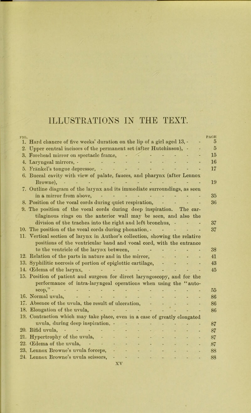ILLUSTRATIONS IN THE TEXT. FIG. PAGE 1. Hard chancre of five weeks’ duration on the lip of a girl aged 13, - - 5 2. Upper central incisors of the permanent set (after Hutchinson), - - 5 3. Forehead mirror on spectacle frame, 15 4. Laryngeal mirrors, - 16 5. Frankel’s tongue depressor, 17 6. Buccal cavity with view of palate, fauces, and pharynx (after Lennox Browne), 19 7. Outline diagram of the larynx and its immediate surroundings, as seen in a mirror from above, 35 8. Position of the vocal cords during quiet respiration, 36 9. The position of the vocal cords during deep inspiration. The car- tilaginous rings on the anterior wall may be seen, and also the division of the trachea into the right and left bronchus, 37 10. The position of the vocal cords during phonation, 37 11. Vertical section of larynx in Author’s collection, showing the relative positions of the ventricular band and vocal cord, with the entrance to the ventricle of the larynx between, ------ 38 12. Relation of the parts in nature and in the mirror, 41 13. Syphilitic necrosis of portion of epiglottic cartilage, 43 14. CEdema of the larynx, 45 15. Position of patient and surgeon for direct laryngoscopy, and for the performance of intra-laryngeal operations when using the “auto- scop,” 55 16. Normal uvula, ----------- 86 17. Absence of the uvula, the result of ulceration, ----- 86 18. Elongation of the uvula, 86 19. Contraction which may take place, even in a case of greatly elongated uvula, during deep inspiration, 87 20. Bifid uvula, 87 21. Hypertrophy of the uvula, 87 22. CEdema of the uvula, 87 23. Lennox Browne’s uvula forceps, 88 24. Lennox Browne’s uvula scissors, 88