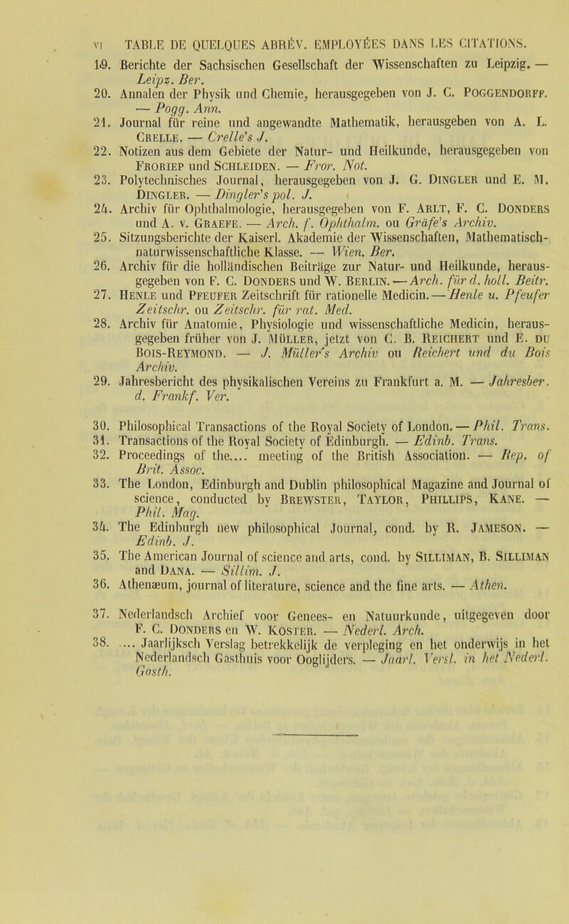 Vï TABLE DE QUELQUES ABRÉV. EMPLOYÉES DANS LES CITATIONS. 1*9. Berichte der Sachsischen Gesellschaft der NVissenschaften zu Leipzig. — Leipz. Ber. 20. Annalen der Physik und Chemie, herausgcgeben von J. C. Poggendorff. — Pogg. Ann. 21. Journal für reine und angewandte Mathematik, herausgeben von A. L. Crelle. — Crelle's J. 22. Notizen aus dem Gebiete der Natur- und Heilkunde, herausgegeben von Froriep und Schleiden. — Fror. Not. 23. Polytechnisches Journal, herausgegeben von J. G. Dingler und E. M. Dingler. —Dingler's pol. J. 2A. Archiv für Ophthalmologie, herausgegeben von F. Arlt, F. C. Donders und A. v. Graefe. -— Arch. f. Ophthalm. ou Gràfe’s Archiv. 25. Sitzungsberichte der Kaiserl. Akademie der WissenschafLen, Mathematisch- naturwissenschaftliche Klasse. — Wien. Ber. 26. Archiv für die hollündischen Beitrüge zur Natur- und Heilkunde, heraus- gegeben von F. C. Donders und W. Berlin. — Arch. fürd.holl. Beitr. 27. Henle und Pfeufer Zeitschrift für rationelle Medicin.— Henle u. Pfeufer Zeitschr. ou Zeitschr. für rat. Med. 28. Archiv für Anatomie, Physiologie und wissenschaftliche Medicin, heraus- gegeben früher von J. Muller, jetzt von C. B. Reichert und E. du Bois-Reymond. — J. Milliers Archiv ou Reichert und du Bois Archiv. 29. Jahresbericht des phvsikalischen Vereins zu Frankfurt a. M. — Jahresber. d. Frank f. Ver. 30. Philosophieal Transactions of the Royal Society of London, — Phil. Trans. 31. Transactions of the Royal Society of Edinburgh. —Edinb. Trans. 32. Proceedings of the.... meeting of the British Association. — Rep. of Brit. Assoc. 33. The London, Edinburgh and Dublin philosophieal Magazine and Journal of science, conducted by Brewster, Taylor, Phillips, Kane. — Phil. Mag. 3A. The Edinburgh new philosophieal Journal, cond. by R. Jameson. — Edinb. J. 35. The American Journal of science and arts, cond. by Silliman, B. Silldian and Dana. — Sillim. J. 36. Athenæum, journal of literalure, science and the fine arts. — Athen. 37. Nederlandsch Archief voor Genees- en Natuurkunde, uitgegeven door F. C. Donders en AY. Koster. — Nederl. Arch. 38 Jaarlijksch Yerslag betrekkelijk de verpleging en het onderwijs in het Nederlandsch Gasthuis voor Ooglijders. — Jaarl. Versl. in het Nederl. G a st h.