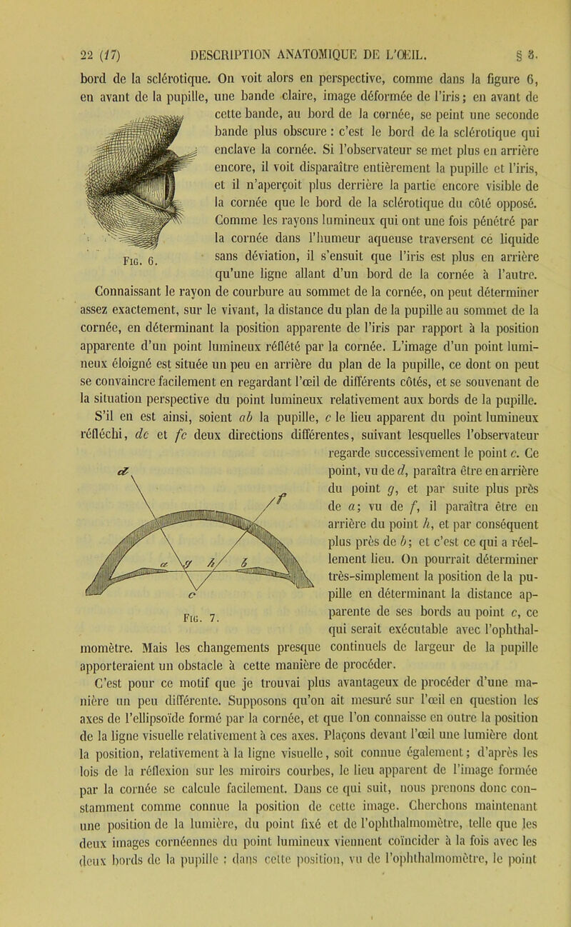 bord de la sclérotique. Ou voit alors en perspective, comme dans la figure 6, en avant de la pupille, une bande claire, image déformée de l’iris ; en avant de cette bande, au bord de la cornée, se peint une seconde bande plus obscure : c’est le bord de la sclérotique qui enclave la cornée. Si l’observateur se met plus en arrière encore, il voit disparaître entièrement la pupille et l’iris, et il n’aperçoit plus derrière la partie encore visible de la cornée que le bord de la sclérotique du côté opposé. Comme les rayons lumineux qui ont une fois pénétré par la cornée dans l’humeur aqueuse traversent ce liquide sans déviation, il s’ensuit que l’iris est plus en arrière qu’une ligne allant d’un bord de la cornée à l’autre. Connaissant le rayon de courbure au sommet de la cornée, on peut déterminer assez exactement, sur le vivant, la distance du plan de la pupille au sommet de la cornée, en déterminant la position apparente de l’iris par rapport à la position apparente d’un point lumineux réflété par la cornée. L’image d’un point lumi- neux éloigné est située un peu en arrière du plan de la pupille, ce dont on peut se convaincre facilement en regardant l’œil de différents côtés, et se souvenant de la situation perspective du point lumineux relativement aux bords de la pupille. S’il en est ainsi, soient ab la pupille, c le lieu apparent du point lumineux réfléchi, de et fc deux directions différentes, suivant lesquelles l’observateur regarde successivement le point c. Ce point, vu de cl, paraîtra être en arrière du point g, et par suite plus près de a ; vu de f, il paraîtra être en arrière du point h, et par conséquent plus près de b; et c’est ce qui a réel- lement lieu. On pourrait déterminer très-simplement la position de la pu- pille en déterminant la distance ap- parente de ses bords au point c, ce qui serait exécutable avec l’ophthal- momètre. Mais les changements presque continuels de largeur de la pupille apporteraient un obstacle à cette manière de procéder. C’est pour ce motif que je trouvai plus avantageux de procéder d’une ma- nière un peu différente. Supposons qu’on ait mesuré sur l’œil en question les axes de l’ellipsoïde formé par la cornée, et que l’on connaisse en outre la position de la ligne visuelle relativement à ces axes. Plaçons devant l’œil une lumière dont la position, relativement à la ligne visuelle, soit connue également; d’après les lois de la réflexion sur les miroirs courbes, le lieu apparent de l’image formée par la cornée se calcule facilement. Dans ce qui suit, nous prenons donc con- stamment comme connue la position de cette image. Cherchons maintenant une position de la lumière, du point fixé et de l’ophthalmomètre, telle que les deux images cornéennes du point lumineux viennent coïncider à la fois avec les deux bords de la pupille : dans cette position, vu de l’ophthalmomètre, le point Fig. 7.
