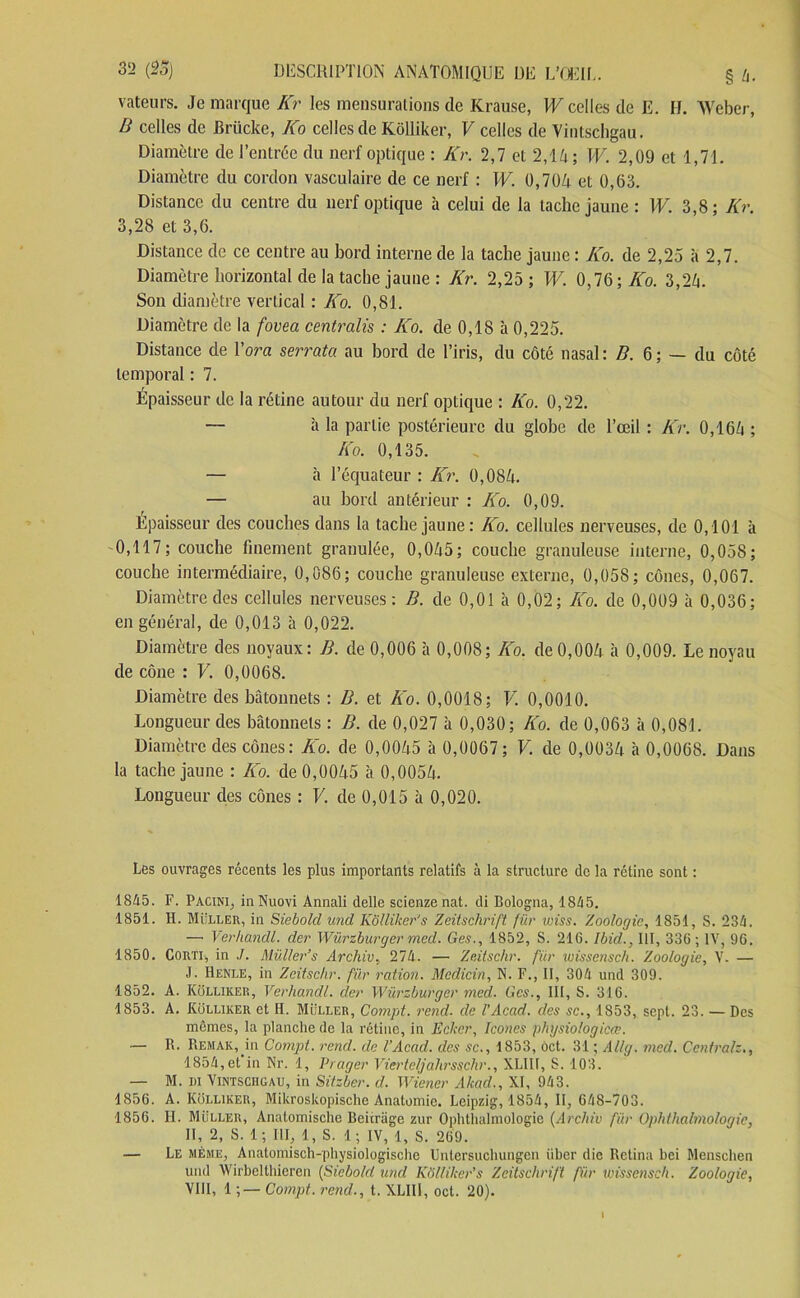 vateurs. Je marque Kr les mensurations de Krause, W celles de E. IL AVeber, B celles de Brücke, Ko celles de Kôlliker, F celles de Vintschgau. Diamètre de l’entrée du nerf optique : Kr. 2,7 et 2,lé; W. 2,09 et 1,71. Diamètre du cordon vasculaire de ce nerf : W. 0,704 et 0,63. Distance du centre du nerf optique à celui de la tache jaune : W. 3,8; Kr. 3,28 et 3,6. Distance de ce centre au bord interne de la tache jaune : Ko. de 2,25 à 2,7. Diamètre horizontal de la tache jaune : Kr. 2,25 ; W. 0,76; Ko. 3,24. Son diamètre vertical : Ko. 0,81. Diamètre de la fovea centralis : Ko. de 0,18 à 0,225. Distance de Vora serrata au bord de l’iris, du côté nasal : B. 6 ; — du côté temporal : 7. Épaisseur de la rétine autour du nerf optique : Ko. 0,22. — à la partie postérieure du globe de l’œil : Kr. 0,164 ; Ko. 0,135. — à l’équateur : Kr. 0,084. — au bord antérieur : Ko. 0,09. Épaisseur des couches dans la tache jaune: Ko. cellules nerveuses, de 0,101 à 0,117; couche finement granulée, 0,045; couche granuleuse interne, 0,058; couche intermédiaire, 0,086; couche granuleuse externe, 0,058; cônes, 0,067. Diamètre des cellules nerveuses: B. de 0,01 cà 0,02; Ko. de 0,009 à 0,036; en général, de 0,013 à 0,022. Diamètre des noyaux: B. de 0,006 à 0,008; Ko. de 0,004 à 0,009. Le noyau de cône : F. 0,0068. Diamètre des bâtonnets : B. et Ko. 0,0018; F 0,0010. Longueur des bâtonnets : B. de 0,027 à 0,030; Ko. de 0,063 à 0,081. Diamètre des cônes: Ko. de 0,0045 à 0,0067; F. de 0,0034 à 0,0068. Dans la tache jaune : Ko. de 0,0045 à 0,0054. Longueur des cônes : F. de 0,015 à 0,020. Les ouvrages récents les plus importants relatifs à la structure de la rétine sont : 1845. F. Pacini, inNuovi Annali delle scienzenat. di Bologna, 1845. 1851. H. Muller, in Siebolcl und Kôlliker's Zeitschrift fur wiss. Zoologie, 1851, S. 234. — Verhandl. der Würzburger med. Ges., 1852, S. 216. Ibid., 111, 336; IV, 96. 1850. Corti, in ./. Müller’s Archiv, 274. — Zeitschr. für wissensch. Zoologie, V. — J. Henle, in Zeitschr. für ration. Mcdicin, N. F., II, 304 und 309. 1852. A. Kôlliker, Verhandl. der Würzburger med. Ges., lit, S. 316. 1853. A. Kôlliker et H. Muller, Compt. rend■ de l’Acad. des sc., 1853, sept. 23. — Des mômes, la planche de la rétine, in Ecker, Icônes phgsiologicœ. — R. Remak, in Compt. rend, de l’Acad. des sc., 1853, ôct. 31 ; A II g. med. Centralz., 1854, et in Nr. 1, IOager Vier te/j ahrsschr., XLIIt, S. 103. — M. di Vintsciigau, in Sitzber. cl. Wiener Akad., XI, 943. 1856. A. Kôlliker, Mikroskopische Anatomie. Leipzig, 1854, II, 648-703. 1856. H. Muller, Analomisclic Beiirage zur Ophthalmologie (Archiv für Ophthalmologic, II, 2, S. 1; III, 1, S. 1; IV, 1, S. 269. — Le même, Anatomisch-physiologische Untersuchungen iiber die Retina bei Menschen und Wirbelthieren (Siebolcl und Kôlliker's Zeitschrift für wissensch. Zoologie,