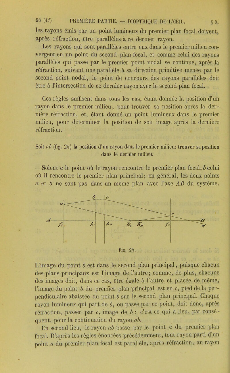 les rayons émis par un point lumineux du premier plan focal doivent, après réfraction, être parallèles à ce dernier rayon. Les rayons qui sont parallèles entre eux dans le premier milieu con- vergent en un point du second plan focal, et comme celui des rayons parallèles qui passe par le premier point nodal se continue, après la réfraction, suivant une parallèle à sa direction primitive menée par le second point nodal, le point de concours des rayons parallèles doit être à l’intersection de ce dernier rayon avec le second plan focal. Ces règles suffisent dans tous les cas, étant donnée la position d’un rayon dans le premier milieu, pour trouver sa position après la der- nière réfraction, et, étant donné un point lumineux dans le premier milieu, pour déterminer la position de son image après la dernière réfraction. Soit ab (fig. 24) la position d’un rayon dans le premier milieu: trouver sa position dans le dernier milieu. Soient a le point où le rayon rencontre le premier plan focal, b celui où il rencontre le premier plan principal; en général, les deux points a et b ne sont pas dans un même plan avec l’axe AB du système. ÛT 3 (? e - . _ 2? A A 7/y A Fig. 2k. L’image du point b est dans le second plan principal, puisque chacun des plans principaux est l’image de l’autre; comme, de plus, chacune des images doit, dans ce cas, être égale à l’autre et placée de même, l’image du point b du premier plan principal est en c, pied de la per- pendiculaire abaissée du point b sur le second plan principal. Chaque rayon lumineux qui part de b, ou passe par ce point, doit donc, après réfraction, passer par c, image de b : c’est ce qui a lieu, par consé- quent, pour la continuation du rayon ab. En second lieu, le rayon ab passe par le point a du premier plan focal. D’après les règles énoncées précédemment, tout rayon parti d’un point a du premier plan focal est parallèle, après réfraction, au rayon