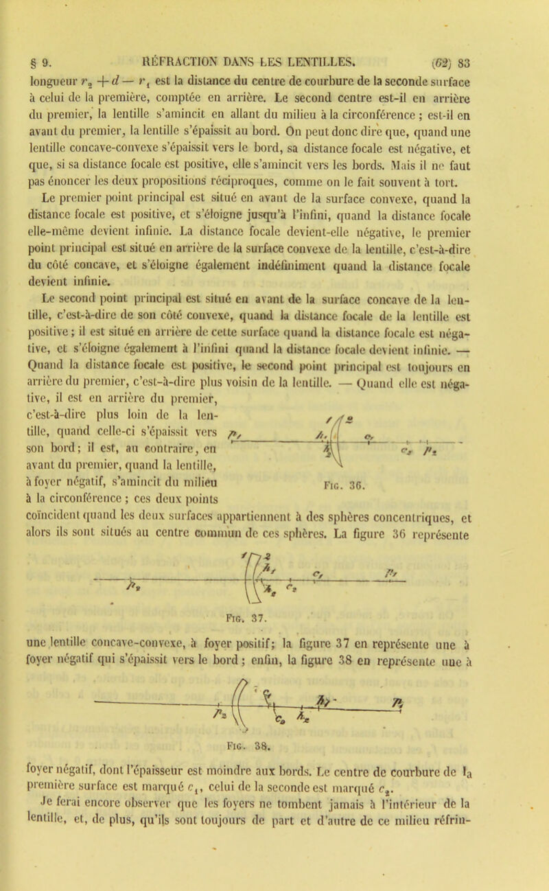 longueur ra_ + d — r{ est la distance du centre de courbure de la seconde surface à celui de la première, comptée en arrière. Le second centre est-il en arrière du premier, la lentille s’amincit en allant du milieu à la circonférence ; est-il en avant du premier, la lentille s’épaissit au bord. On peut donc dire que, quand une lentille concave-convexe s’épaissit vers le bord, sa distance focale est négative, et que, si sa distance focale est positive, elle s’amincit vers les bords. Mais il ne faut pas énoncer les deux propositions réciproques, comme on le fait souvent à tort. Le premier point principal est situé en avant de la surface convexe, quand la distance focale est positive, et s’éloigne jusqu’à l’infini, quand la distance focale elle-même devient infinie. La distance focale devient-elle négative, le premier point principal est situé en arrière de la surface convexe de la lentille, c’est-à-dire du côté concave, et s’éloigne également indéfiniment quand la distance focale devient infinie. Le second point principal est situé en avant de la surface concave de la len- tille, c’est-à-dire de son côté convexe, quand la distance focale de la lentille est positive; il est situé en arrière de celte surface quand la distance focale est néga- tive, et s’éloigne également à l’infini quand la distance focale devient infinie. — Quand la distance focale est positive, le second point principal est toujours en arrière du premier, c’est-à-dire plus voisin de la lentille. — Quand elle est néga- tive, il est en arrière du premier, c’est-à-dire plus loin de la len- tille, quand celle-ci s’épaissit vers p, son bord; il est, au contraire, en avant du premier, quand la lentille, à foyer négatif, s’amincit du milieu Fie. 36. à la circonférence ; ces deux points coïncident quand les deux surfaces appartiennent à des sphères concentriques, et alors ils sont situés au centre commun de ces sphères. La figure 36 représente * \ / . -, Pf K ( [F'- Fig. 37. une lentille concave-convexe, à foyer positif; la figure 37 en représente une à foyer négatif qui s’épaissit vers le bord ; enfin, la figure 38 en représente uue à Fig. 38. foyer négatif, dont l’épaisseur est moindre aux bords. Le centre de courbure de la première surface est marqué c,, celui de la seconde est marqué ct. Je ferai encore observer que les foyers ne tombent jamais à l’intérieur de la lentille, ct, de plus, qu’i|s sont toujours de part ct d’autre de ce milieu réfrin-