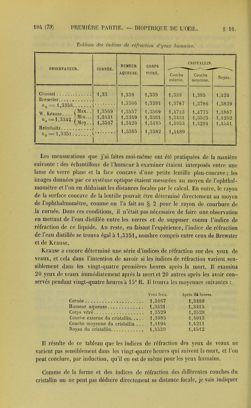 Tableau des indices de réfraction d'yeux humains. OBSERVATEUR. CORNÉE. HUMEUR CORPS CRISTALLIN. AQUEUSE. VITRÉ. Couche cxlerne. Couche moyenne. Noyau. Chossat Brewster 1,33 1,338 1,339 1,338 1,395 1,420 n0 — 1,3358. 1,3366 1,3394 1,3767 1,3786 1,3839 W. Krause. . . Max. . 1,3569 1,3557 1,3569 1,4743 1,4775 1,4807 n0 = 1,3342. Helmholtz n 0 — 1,3351. Min... 1,3431 1,3349 1,3361 1,3431 1,3523 1,4252 t Moy., 1,3507 1,3420 1,3365 1,3485 1,3382 1,4053 1,4189 1,4294 1,4541 Les mensurations que j’ai faites moi-même ont été pratiquées de la manière suivante : des échantillons de l’humeur à examiner étaient interposés entre une lame de verre plane et la face concave d’une petite lentille plan-concave ; les images données par ce système optique étaient mesurées au moyen de I’ophthal- momètre et l’on en déduisait les distances focales par le calcul. En outre, le rayon de la surface concave de la lentille pouvait être déterminé directement au moyen de l’ophthalmomètre, comme on l’a fait au § 2 pour le rayon de courbure de la cornée. Dans ces conditions, il n’était pas nécessaire de faire une observation en mettant de l’eau distillée entre les verres et de supposer connu l’indice de réfraction de ce liquide. Au reste, en faisant l’expérience, l’indice de réfraction de l’eau distillée se trouva égal à 1,3351, nombre compris entre ceux de Brewster et de Krause. Krause a encore déterminé une série d’indices de réfraction sur des yeux de veaux, et cela dans l’intention de savoir si les indices de réfraction varient sen- siblement dans les vingt-quatre premières heures après la mort. Il examina 20 yeux tle veaux immédiatement après la mort et 20 autres après les avoir con- servés pendant vingt-quatre heures à 15° R. Il trouva les moyennes suivantes : Cornée Humeur aqueuse Corps vitré Couche externe du cristallin Couche moyenne du cristallin . . . Noyau du cristallin Yeux frais. Après 24 heures 1,3467 1,3480 1,3421 1,3415 1,3529 1,3528 1,3983 1,4013 1,4194 1.4211 1,4520 1,4512 Il résulte de ce tableau que les indices de réfraction des yeux de veaux ne varient pas sensiblement dans les vingt-quatre heures qui suivent la mort, et l’on peut conclure, par induction, qu’il en est de même pour les yeux humains. Comme de la forme et des indices de réfraction des différentes couches du cristallin on ne peut pas déduire directement sa distance focale, je vais indiquer
