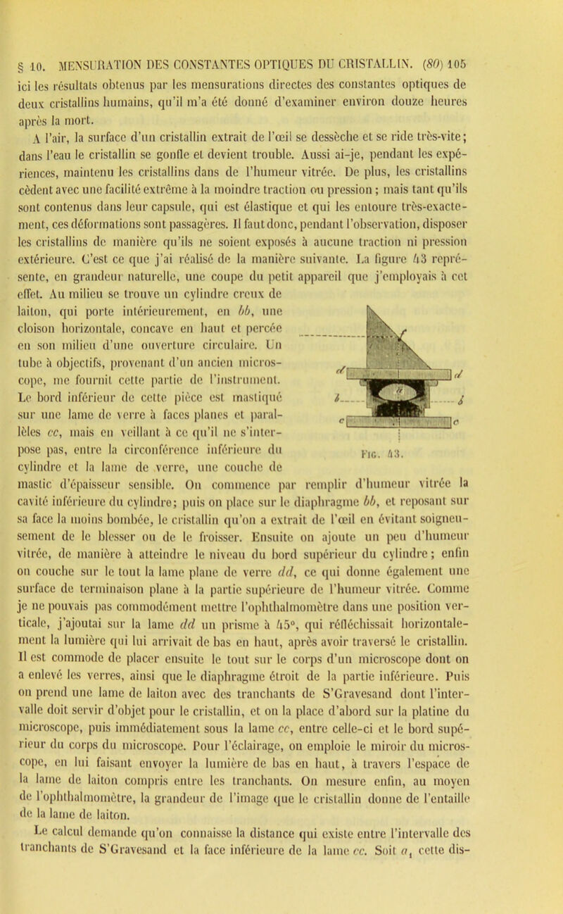 ici les résultats obtenus par les mensurations directes des constantes optiques de deux cristallins humains, qu’il m’a été donné d’examiner environ douze heures après la mort. A l’air, la surface d’un cristallin extrait de l’œil se dessèche et se ride très-vite; dans l’eau le cristallin se gonfle et devient trouble. Aussi ai-je, pendant les expé- riences, maintenu les cristallins dans de l’humeur vitrée. De plus, les cristallins cèdent avec une facilité extrême à la moindre traction (>u pression ; mais tant qu’ils sont contenus dans leur capsule, qui est élastique et qui les entoure très-exacte- ment, ces déformations sont passagères. Il faut donc, pendant l’observation, disposer les cristallins de manière qu’ils ne soient exposés à aucune traction ni pression extérieure. C’est ce que j’ai réalisé de la manière suivante. La figure A3 repré- sente, en grandeur naturelle, une coupe du petit appareil que j’employais à cet effet. Au milieu se trouve un cylindre creux de laiton, qui porte intérieurement, en bb, une cloison horizontale, concave en haut et percée en son milieu d’une ouverture circulaire. Un tube à objectifs, provenant d’un ancien micros- cope, me fournit celte partie de l’instrument. Le bord inférieur de cette pièce est mastiqué sur une lame de verre à faces planes et paral- lèles cc, mais en veillant il ce qu’il ne s’inter- pose pas, entre la circonférence inférieure du cylindre et la lame de verre, une couche de mastic d’épaisseur sensible. On commence par remplir d’humeur vitrée la cavité inférieure du cylindre; puis on place sur le diaphragme bb, et reposant sur sa face la moins bombée, le cristallin qu’on a extrait de l’œil en évitant soigneu- sement de le blesser ou de le froisser. Ensuite on ajoute un peu d’humeur vitrée, de manière à atteindre le niveau du bord supérieur du cylindre; enfin on couche sur le tout la lame plane de verre dd, cc qui donne également une surface de terminaison plane à la partie supérieure de l’humeur vitrée. Comme je ne pouvais pas commodément mettre l’ophthalmomètre dans une position ver- ticale, j’ajoutai sur la lame dd un prisme à A5°, qui réfléchissait horizontale- ment la lumière qui lui arrivait de bas en haut, après avoir traversé le cristallin. Il est commode de placer ensuite le tout sur le corps d’un microscope dont on a enlevé les verres, ainsi que le diaphragme étroit de la partie inférieure. Puis on prend une lame de laiton avec des tranchants de S’Gravesand dont l’inter- valle doit servir d’objet pour le cristallin, et on la place d’abord sur la platine du microscope, puis immédiatement sous la lame cc, entre celle-ci et le bord supé- rieur du corps du microscope. Pour l’éclairage, on emploie le miroir du micros- cope, en lui faisant envoyer la lumière de bas en haut, à travers l’espace de la lame de laiton compris entre les tranchants. On mesure enfin, au moyen de l’ophthalmomètre, la grandeur de l’image que le cristallin donne de l’entaille de la lame de laiton. Le calcul demande qu’on connaisse la distance qui existe entre l’intervalle des tranchants de S’Gravesand et la face inférieure de la lame cc. Soit <?, cette dis- | i 1 1 ililffl FiG. Û3.