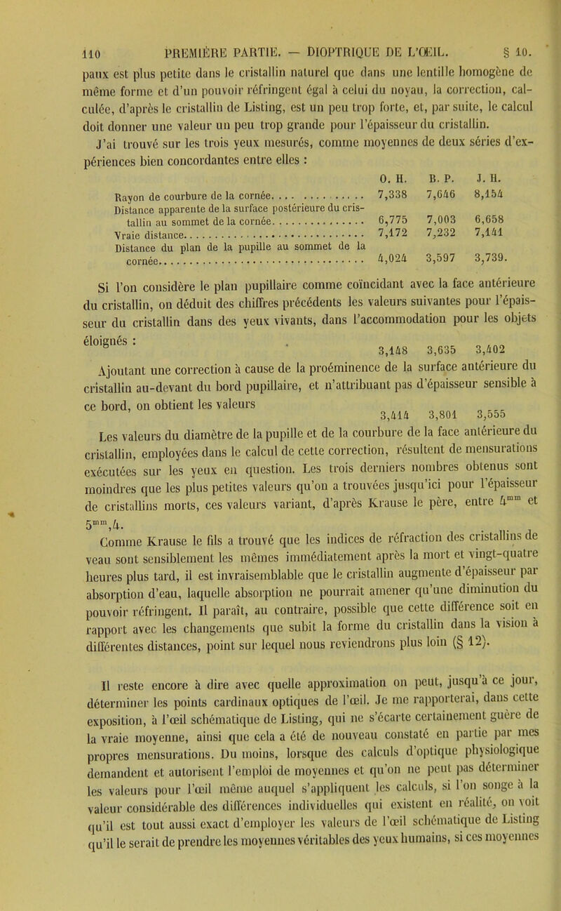 paux est plus petite dans le cristallin naturel que dans une lentille homogène de même forme et d’un pouvoir réfringent égal à celui du noyau, la correction, cal- culée, d’après le cristallin de Listing, est un peu trop forte, et, par suite, le calcul doit donner une valeur un peu trop grande pour l’épaisseur du cristallin. J’ai trouvé sur les trois yeux mesurés, comme moyennes de deux séries d’ex- périences bien concordantes entre elles : 0. H. B. P. J. H. Rayon de courbure de la cornée 7,338 7,646 8,154 Distance apparente de la surface postérieure du cris- tallin au sommet de la cornée 6,775 7,003 6,658 Vraie distance 7,172 7,232 7,141 Distance du plan de la pupille au sommet de la 4,024 3,597 3,739. Si l’on considère le plan pupillaire comme coïncidant avec la face antérieure du cristallin, on déduit des chiffres précédents les valeurs suivantes pour l’épais- seur du cristallin dans des yeux vivants, dans 1 accommodation pout les objets él0igl'éS: ' 3,U8 3,635 3,662 Ajoutant une correction à cause de la proéminence de la surface antérieure du cristallin au-devant du bord pupillaire, et n attribuant pas d épaisseui sensible à ce bord, on obtient les valeurs Les valeurs du diamètre de la pupille et de la courbure de la face antérieure du cristallin, employées dans le calcul de cette correction, résultent de mensurations exécutées sur les yeux en question. Les trois derniers nombres obtenus sont moindres que les plus petites valeurs qu’on a trouvées jusqu’ici pour l’épaisseur de cristallins morts, ces valeurs variant, d’après Krause le père, entre Umm et 5mm,A. Comme Krause le fds a trouvé que les indices de réfraction des cristallins de veau sont sensiblement les mêmes immédiatement après la mort et vingt-quatre heures plus tard, il est invraisemblable que le cristallin augmente d épaisseur par absorption d’eau, laquelle absorption ne pourrait amener qu’une diminution du pouvoir réfringent. Il paraît, au contraire, possible que cette différence soit en rapport avec les changements que subit la forme du cristallin dans la \ision à différentes distances, point sur lequel nous reviendrons plus loin (§ 12). Il reste encore à dire avec quelle approximation on peut, jusqu à ce joui, déterminer les points cardinaux optiques de l’œil. Je me rapporterai, dans cette exposition, à l’œil schématique de Listing, qui ne s’écarte certainement guère de la vraie moyenne, ainsi que cela a été de nouveau constaté en partie par mes propres mensurations. Du moins, lorsque des calculs d’optique physiologique demandent et autorisent l’emploi de moyennes et qu’on ne peut pas déterminer les valeurs pour l’œil même auquel s’appliquent les calculs, si l’on songe a la valeur considérable des différences individuelles qui existent en réalité, on voit qu’il est tout aussi exact d’employer les valeurs de l’œil schématique de Listing qu’il le serait de prendre les moyennes véritables des yeux humains, si ces moyennes