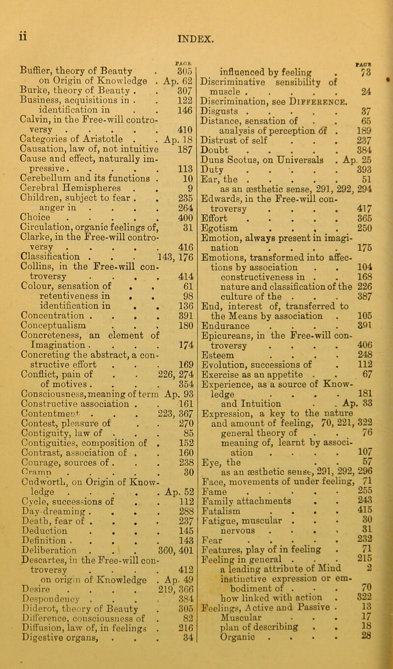 Buflier, theory of Beauty PACE 305 on Origin of Knowledge . Ap. 62 Burke, theory of Beauty . 307 Business, acquisitions in . 122 identification in Calvin, in the Free-will contro- 146 versy 410 Categories of Aristotle . Ap. 18 Causation, law of, not intuitive Cause and effect, naturally im- 187 pressive 113 Cerebellum and its functions . 10 Cerebral Hemispheres 9 Children, subject to fear . 235 anger in ... 264 Choice 400 Circulation, organic feelings of, Clarke, in the Free-will contro- 31 versy 416 Classification . . . 143, 176 Collins, in the Free-will con- troversy .... 414 Colour, sensation of . 61 retentiveness in . 98 identification in . . 136 Concentration . . . . 391 Conceptualism Concreteness, an element of 180 Imagination .... Concretiug the abstract, a con- 174 structive effort 169 Conflict, pain of . . 226, 274 of motives .... 354 Consciousness, meaning of term Ap. 93 Constructive association . 161 Contentment- . . . 223, 367 Contest, pleasure of 270 Contiguity, law of . 85 Contiguities, composition of . 152 Contrast, association of . 160 Courage, sources of . 238 firamn . Oudworth, on Origin of Know- 30 ledge Ap. 52 Cycle, successions of 112 Day dreaming . 288 Death, fear of . 237 Deduction . 145 Definition 143 Deliberation . . . 360,401 Descartes, in the Free-will con- troversy . . . . 412 on origin of Knowledge . Ap. 49 Dpsire .... 219,366 Despondency . 384 Diderot, theory of Beauty 305 Difference, consciousness of . 82 Diffusion, law of, in feelings . 216 Digestive organs. 34 FAGH influenced by feeling . 73 Discriminative sensibility of muscle ..... 34 Discrimination, see Difference. Disgusts 37 Distance, sensation of 65 analysis of perception 61 . 189 Distrust of self . . . 237 Doubt 384 Duns Scotus, on Universals . Ap. 25 Duty ..... 393 Ear, the 51 as an aesthetic sense, 291, 292, 294 Edwards, in the Free-will con- troversy . . . . 417 Effort 365 Egotism .... 250 Emotion, always present in imagi- nation .... 175 Emotions, transformed into affec- tions by association . . 104 constructiveness in . . 168 nature and classification of the 226 culture of the . . . 387 End, interest of, transferred to the Means by association . 105 Endurance .... 391 Epicureans, in the Free-will con- troversy .... 406 Esteem .... 248 Evolution, successions of . 112 Exercise as an appetite . . 67 Experience, as a source of Know- ledge .... 181 and Intuition . . Ap. 33 Expression, a key to the nature and amount of feeling, 70, 221, 322 general theory of 76 meaning of, learnt by associ- ation .... 107 Eye, the . - 57 as an sesthetic sense, 291, 292, 296 Face, movements of under feeling, 71 Fame ..... 255 Family attachments . . 243 Fatalism . . . . 415 Fatigue, muscular . 30 nervous 31 Fear . . • 232 Features, play of in feeling . 71 Feeling in general . . 215 a leading attribute of Mind 2 instinctive expression or em- bodiment of . . 70 how linked with action . 322 Feelings, .Active and Passive . 13 Muscular plan of describing . . 18 Organic .... 28