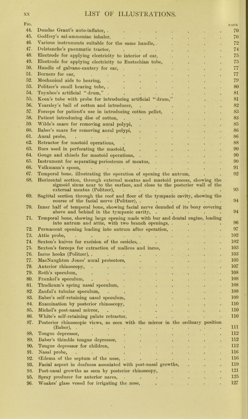 PAGE Fig. 44. Dundas Grant’s auto-infiator, ...... 70 45. Godfrey’s sal-ammoniac inhaler, ..... 70 46. Various instruments suitable for the same handle,. 72 47. Delstanche’s pneumatic tractor, ..... 74 48. Electrode for applying electricity to interior of ear, 75 49. Electrode for applying electricity to Eustachian tube, 75 50. Handle of galvano-cautery for ear, ..... 77 51. Burners for ear, ....... 77 52. Mechanical aids to hearing, ...... 79 53. Politzer’s small hearing tube, ...... 80 54. Toynbee’s artificial “drum,” ...... 81 55. Keen’s tube with probe for introducing artificial “drum,” 81 56. Yearsley’s ball of cotton and introducer, .... 82 57. Forceps for patient’s use in introducing cotton pellet, 83 58. Patient introducing disc of cotton, ..... 83 59. Wilde’s snare for removing aural polypi, .... 85 60. Baber’s snare for removing aural polypi, .... 86 61. Aural probe, ........ 86 62. Retractor for mastoid operations, ..... 88 63. Burs used in perforating the mastoid, .... 90 64. Gouge and chisels for mastoid operations, .... 90 65. Instrument for separating periosteum of meatus, 90 66. Volkmann’s spoon, ....... 91 67. Temporal bone, illustrating the operation of opening the antrum, 92 68. Horizontal section, through external meatus and mastoid process, showing the sigmoid sinus near to the surface, and close to the posterior wall of the external meatus (Politzer), ..... 93 69. Sagittal section through the roof and floor of tlie tympanic cavity, showing the course of the facial nerve (Politzer), .... 94 70. Inner half of temporal bone, showing facial nerve denuded of its bony covering above and behind in the tympanic cavity, . 94 71. Temporal bone, showing large opening made with bur and dental engine , leading into antrum and attic, with two branch openings, . 96 72. Permanent opening leading into antrum after operation, . 97 73. Attic probe, ........ 102 74. Sexton’s knives for excision of the ossicles, .... 102 75. Sexton’s forceps for extraction of malleus and incus, 103 76. Incus hooks (Politzer), ....... 103 77. MacNaughton Jones’ aural protectors, .... 105 78. Anterior rhinoscopy, ....... 107 79. Roth’s speculum, ....... 108 80. Fraenkel’s speculum, ....... 108 81. Thudicum’s spring nasal speculum, ..... 108 82. Zaufal’s tubular speculum, ...... 108 83. Baber’s self-retaining nasal speculum, .... 109 84. Examination by posterior rhinoscopy, .... 110 85. Michel’s post-nasal mirror, ...... 110 86. White’s self-retaining palate retractor, .... 110 87. Posterior rhinoscopic views, as seen with the mirror in the ordinary position (Baber), . 111 88. Tongue depressor, ....... 112 89. Baber’s thimble tongue depressor, ..... 112 90. Tongue depressor for children, ..... 112 91. Nasal probe, ........ 116 92. GMema of the septum of the nose, ..... 116 93. Facial aspect in deafness associated with post-nasal growths, 119 94. Post-nasal growths as seen by posterior rhinoscopy, 121 95. Spray producer for anterior nares, ..... 125 96. Woakes’ glass vessel for irrigating the nose, 127